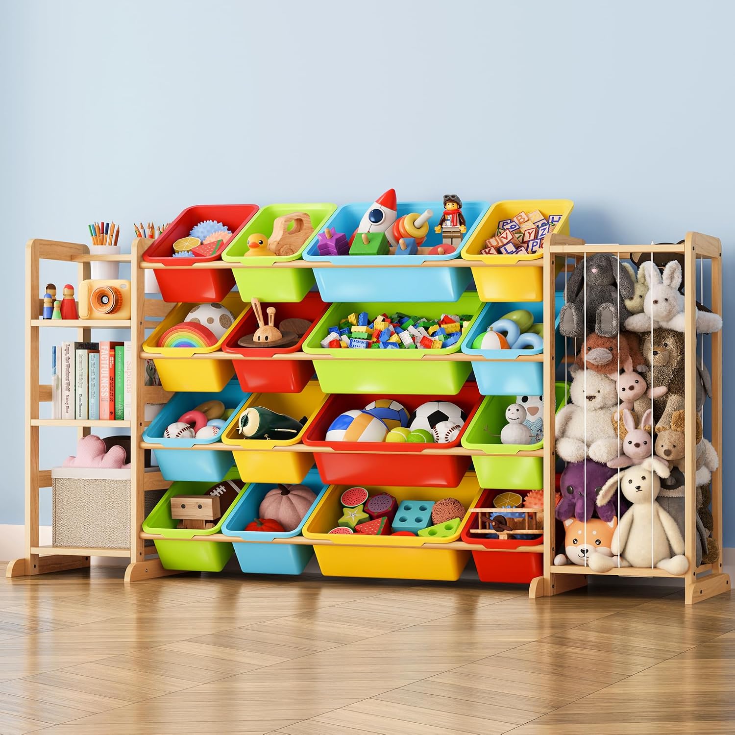 Toy Storage Organizer with Bookshelf and Stuffed Animal Storage - Playroom Organization with Shelves and 16 Bins - Living Room Box for Lego - Nursery