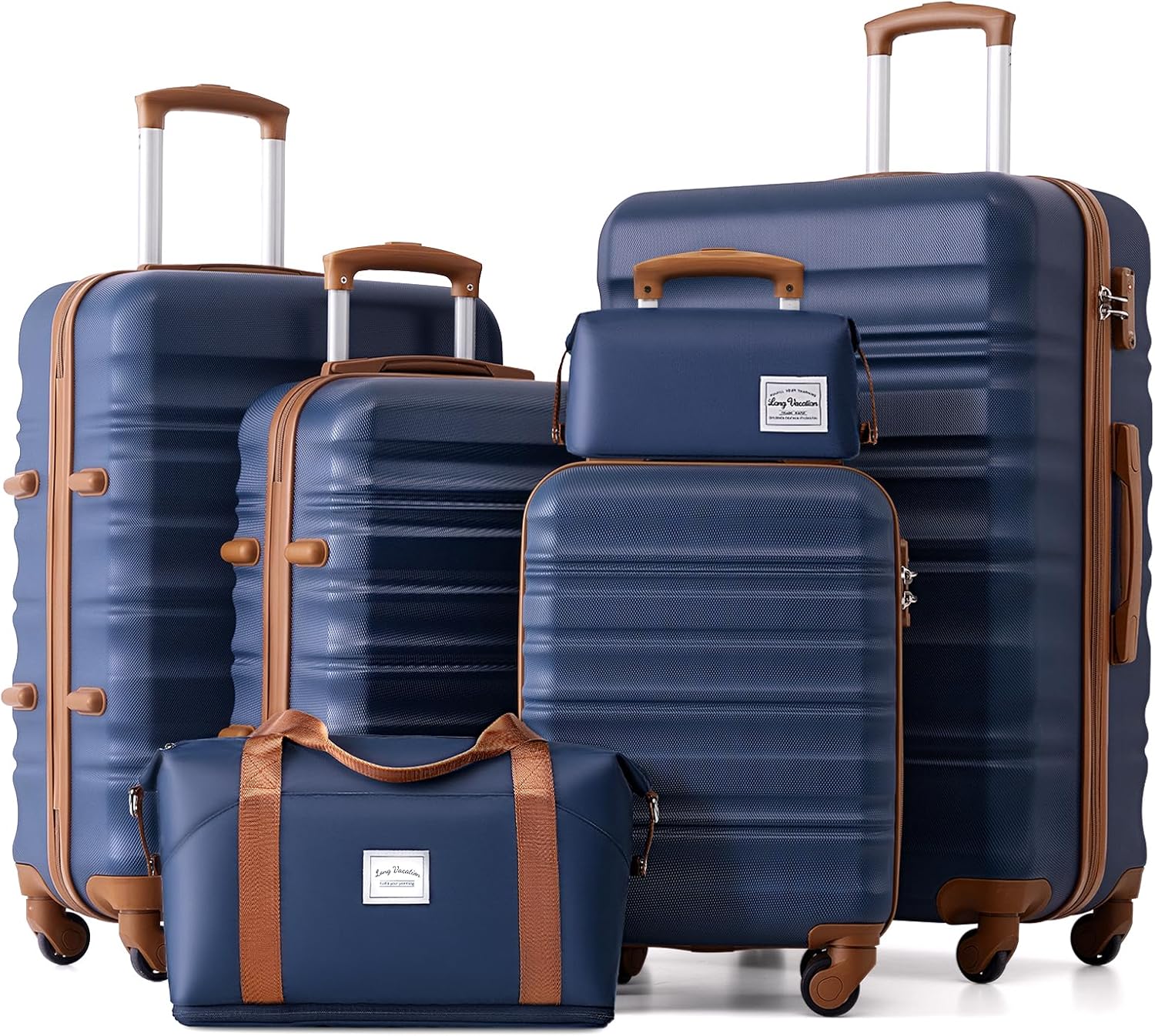 LONG VACATION 6 Piece Luggage Set Carry on Suitcase with ABS+PC hardshell, Spinner Wheels and YKK Zipper TSA Lock (BEIGE-BROWN, 6 piece set)