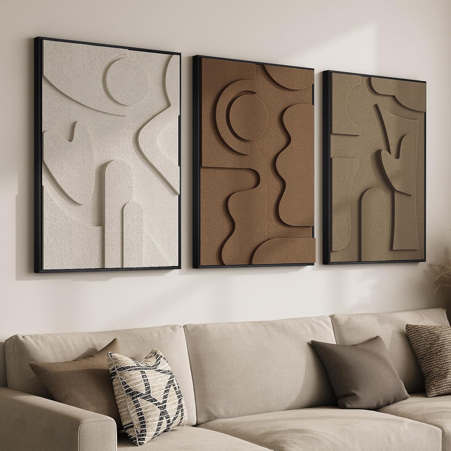 Large 3D Textured Framed Boho Modern Neutral Abstract Wall Art for Living Room, 3 Piece Black White Brown Paintings Artwork for Walls