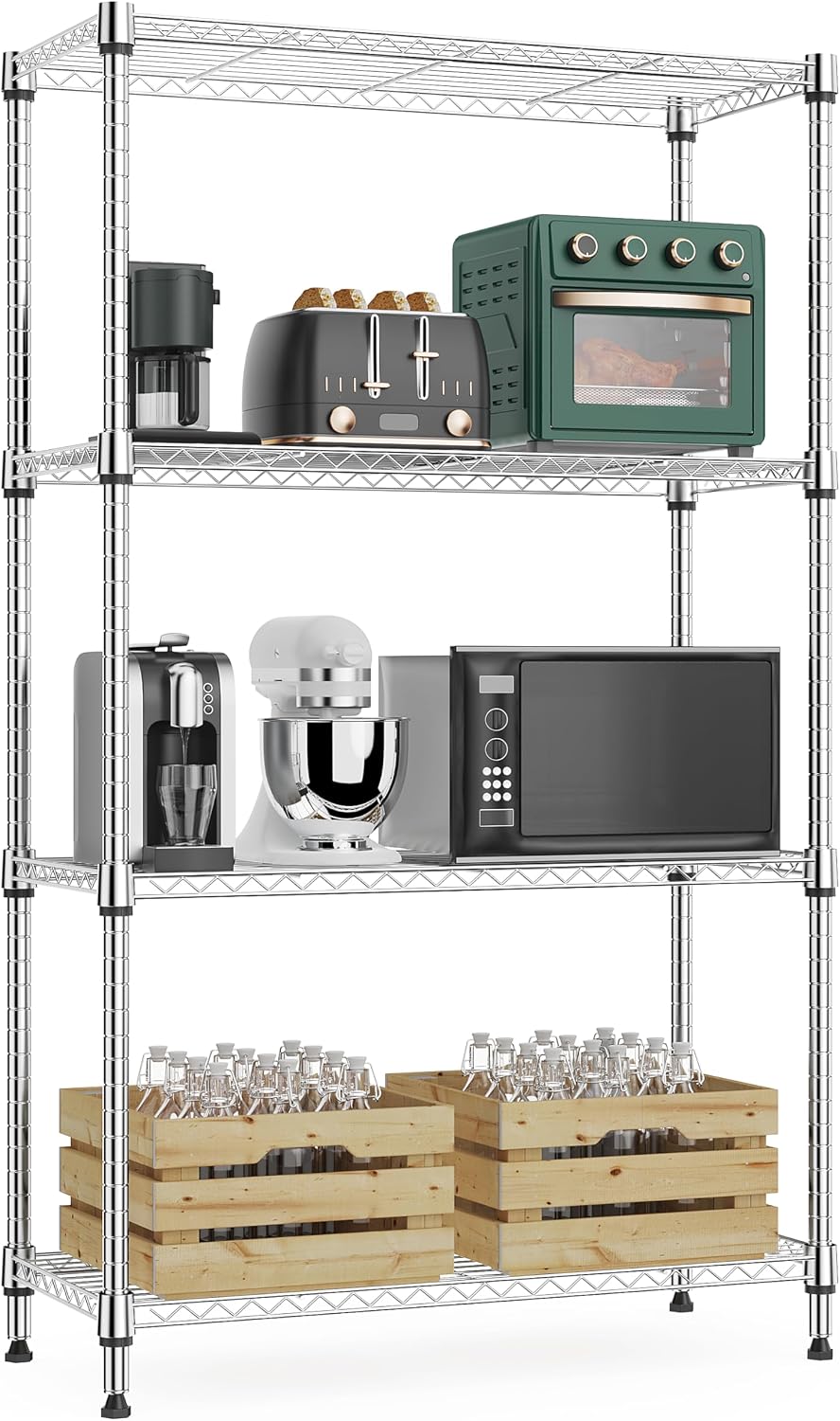 M MZG 5-Shelf Storage Shelves, Wire Shelving Heavy Duty Metal Storage Shelving Unit Adjustable Garage Shelving Rack Pantry Kitchen (Chrome, 4 Tier