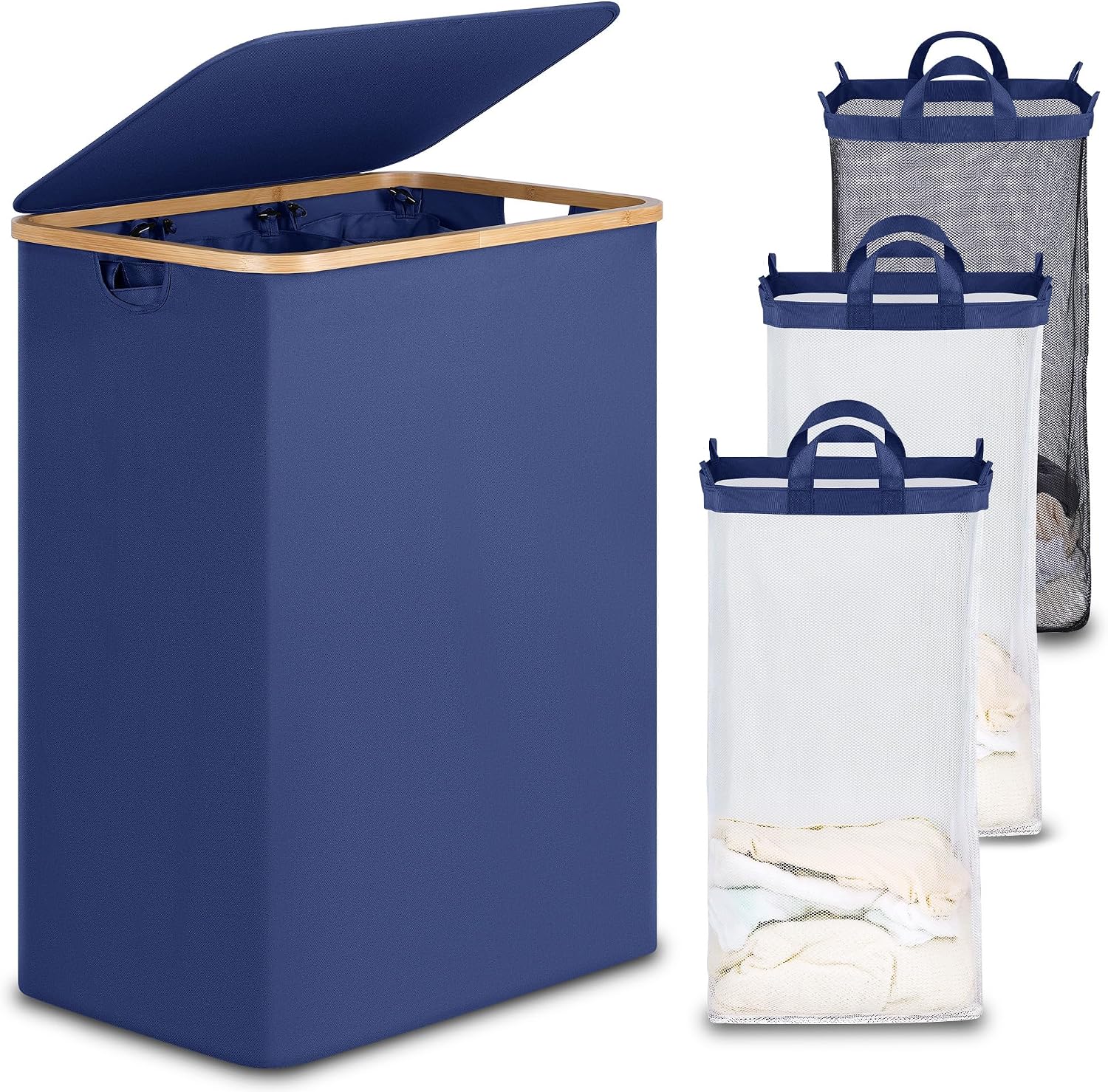 efluky Laundry Hamper with Lid, Double Laundry Basket with 2 Removable Bags, 2 Section Laundry Bin with Bamboo Handles for Bathroom