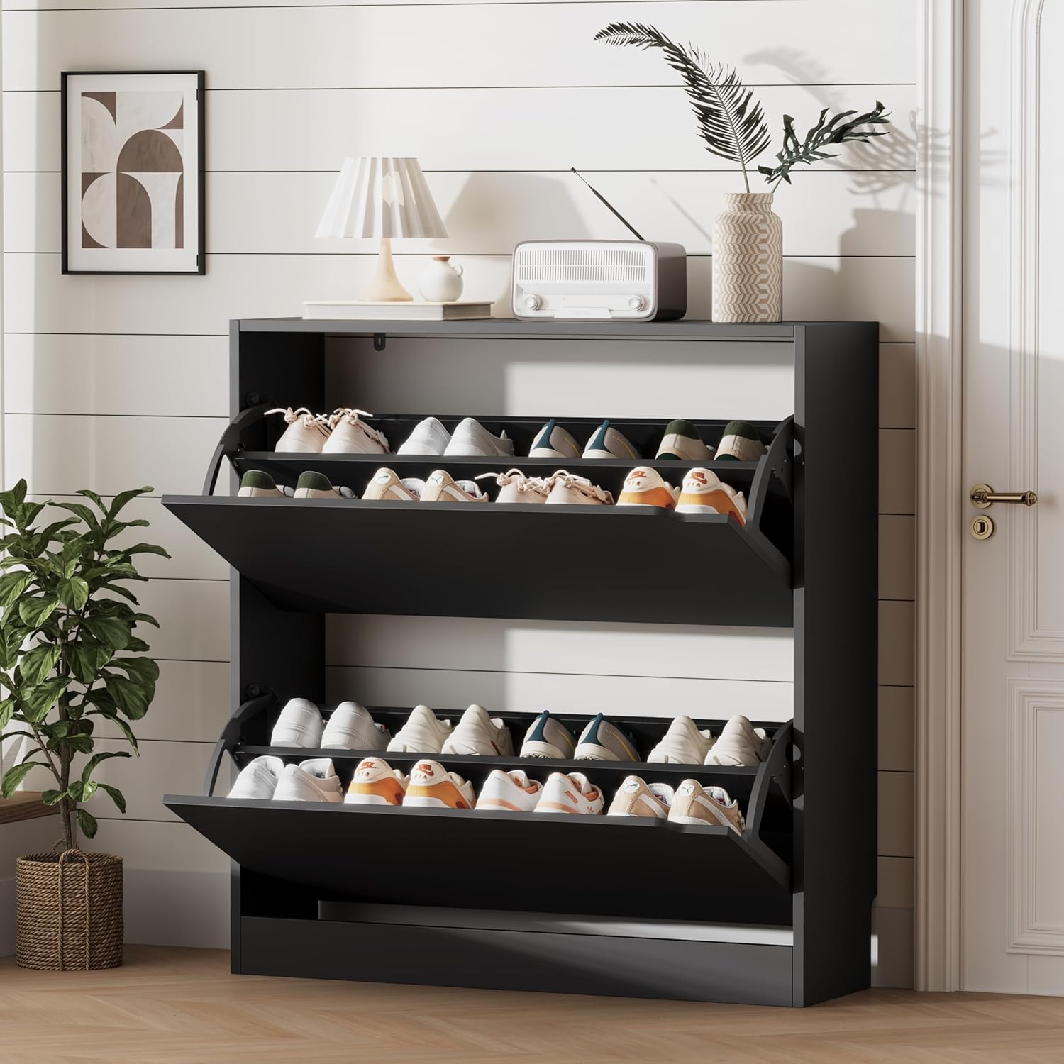 Shoe Storage Cabinet for Entryway with 3 Flip Drawers, Sturdy Wood Hidden Shoe Storage