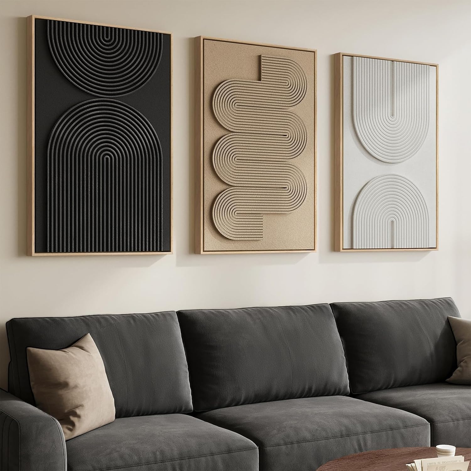 Large 3D Textured Framed Boho Modern Neutral Abstract Wall Art for Living Room, 3 Piece Black White Brown Paintings Artwork for Walls