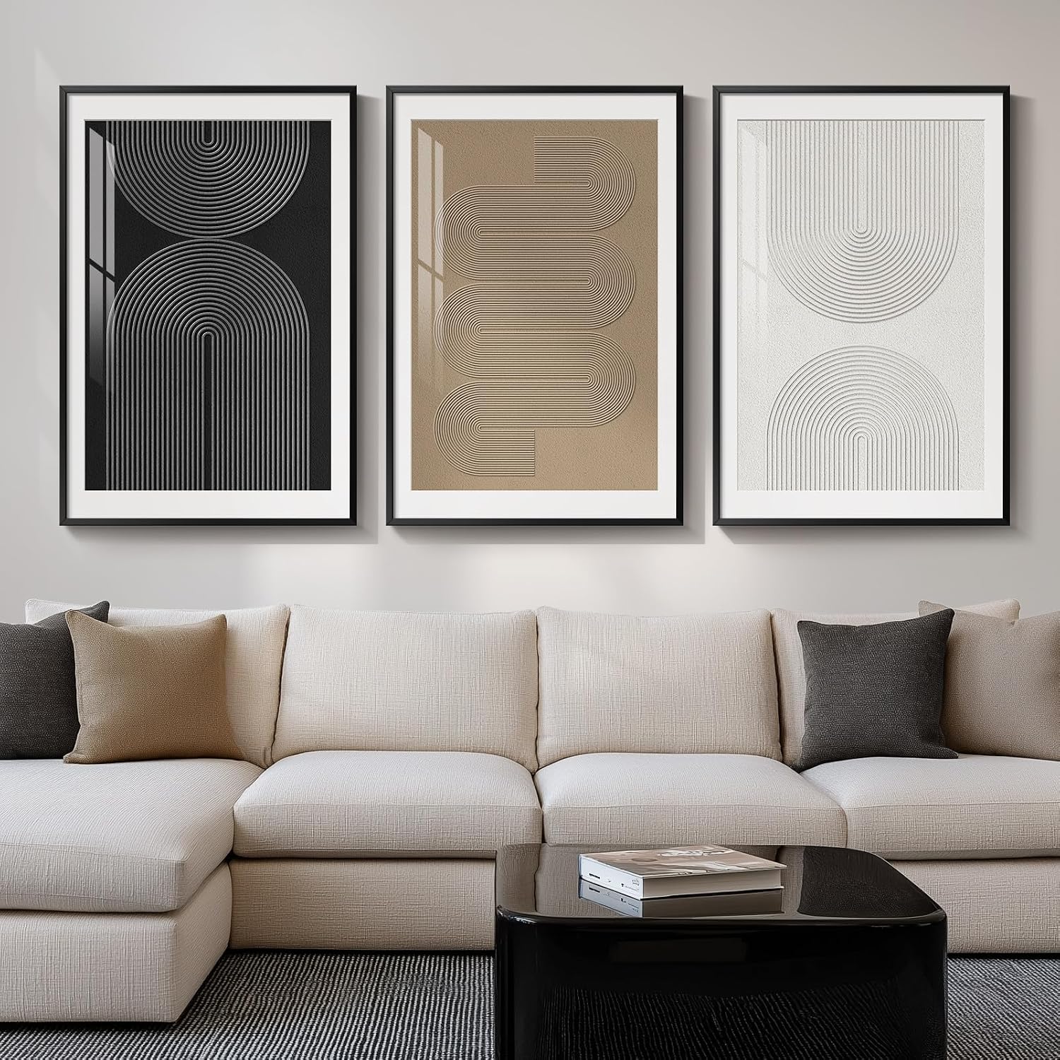 Large Framed Boho Modern Neutral Abstract Wall Art for Living Room, 3 Piece Black and White Canvas Prints Paintings Artwork for Walls