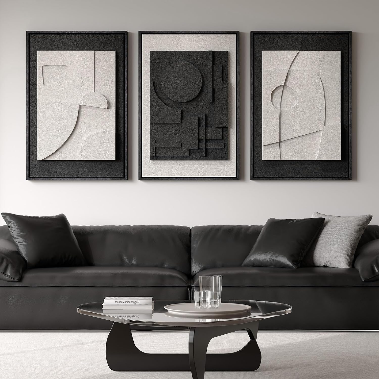 Large 3D Textured Framed Boho Modern Neutral Abstract Wall Art for Living Room, 3 Piece Black White Brown Paintings Artwork for Walls