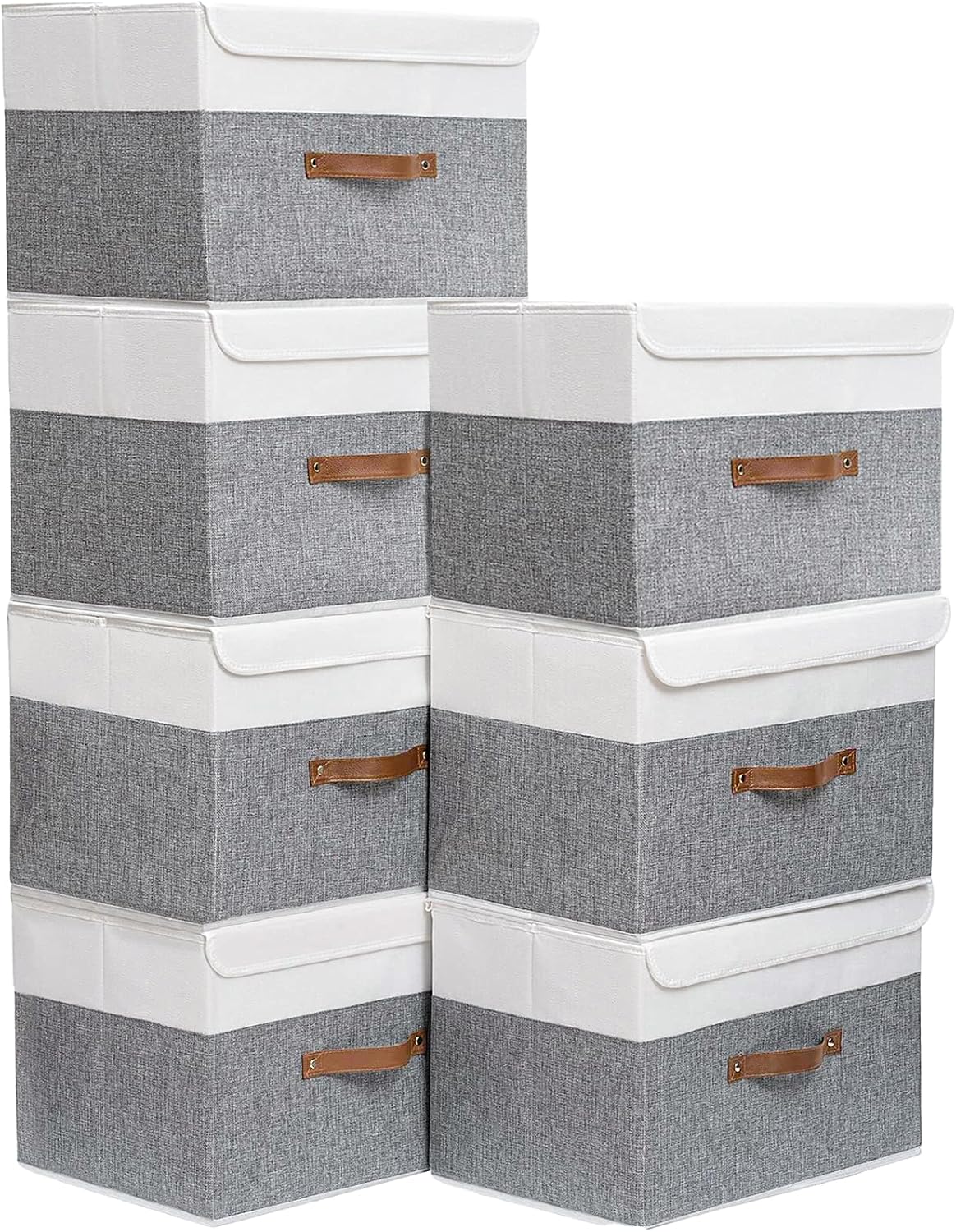 Yawinhe Storage Bins with Lids, Beige, 17.7x11.8x11.8in, 5-Pack, Fabric Container with Leather Handle, Washable Home Basket