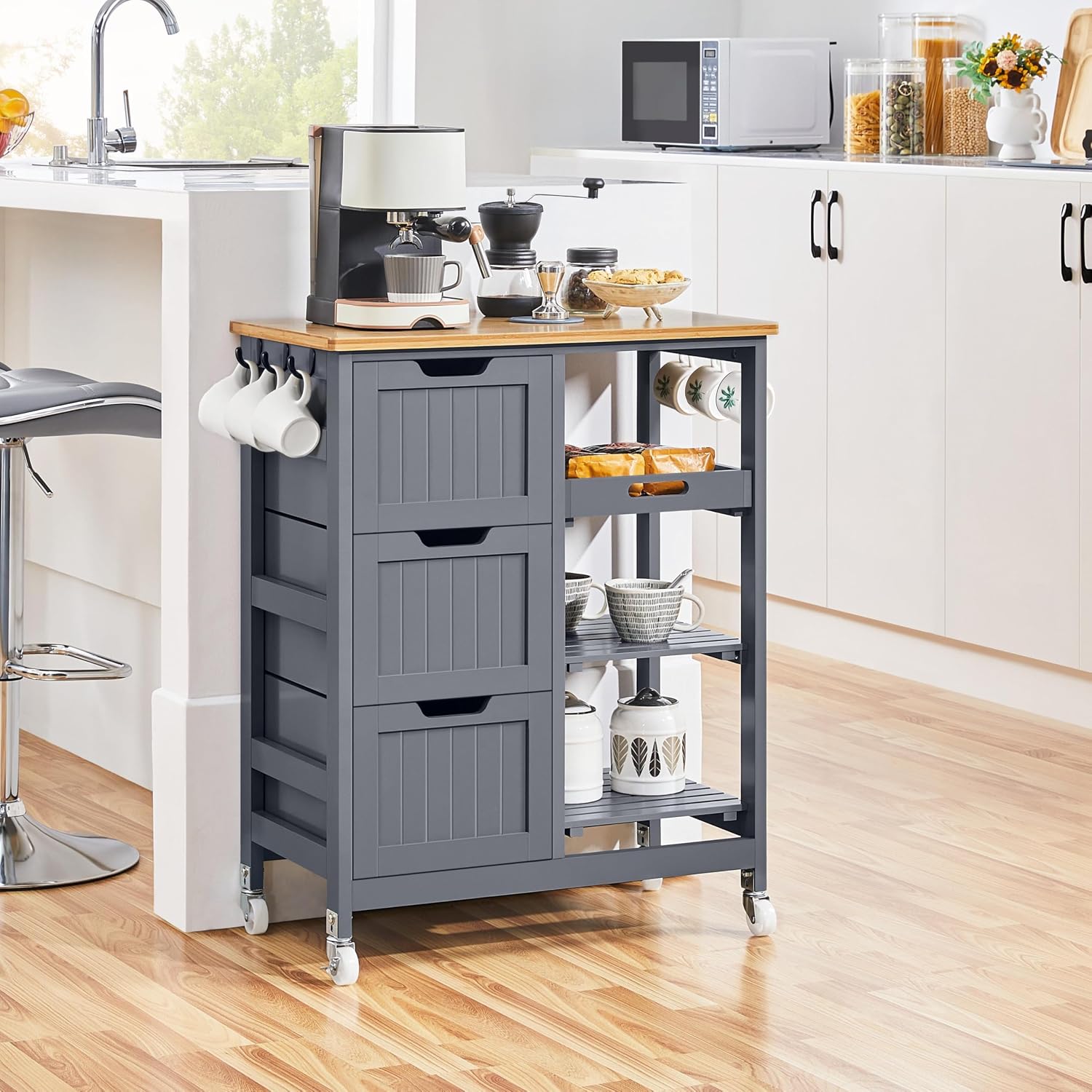 Yaheetech Kitchen Island Cart on Wheels with 3 Drawers and 3 Shelves, White, Small Kitchen Island in Wood and MDF Holds 165 lb