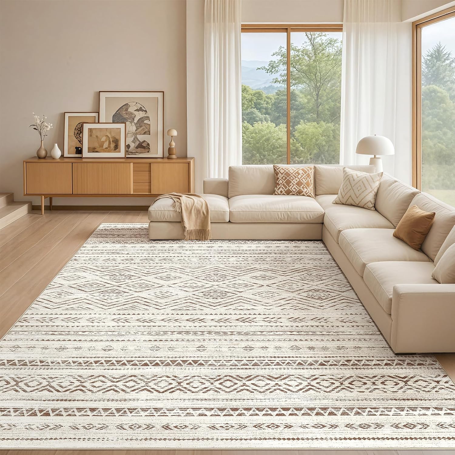 Tortania Area Rug Living Room Rugs - 10x12 Washable Large Soft Neutral Boho Moroccan Bohemian Farmhouse Rug Indoor Floor Carpet for Bedroom Under