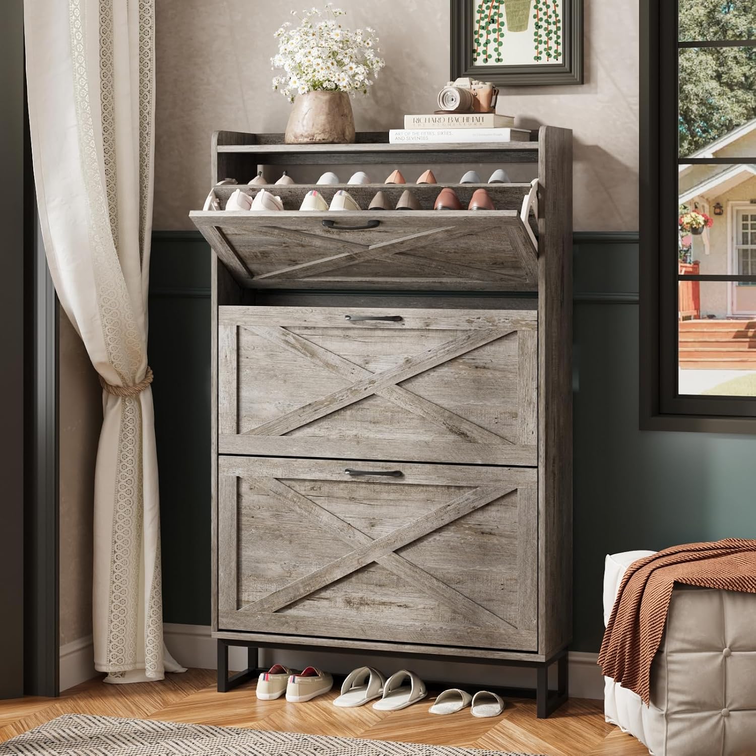 Maupvit Shoe Storage Cabinet with 2 Flip Drawers, Freestanding Shoe Organizer with Metal Legs for Entryway, Narrow Shoe Rack Cabinet, Rustic Brown