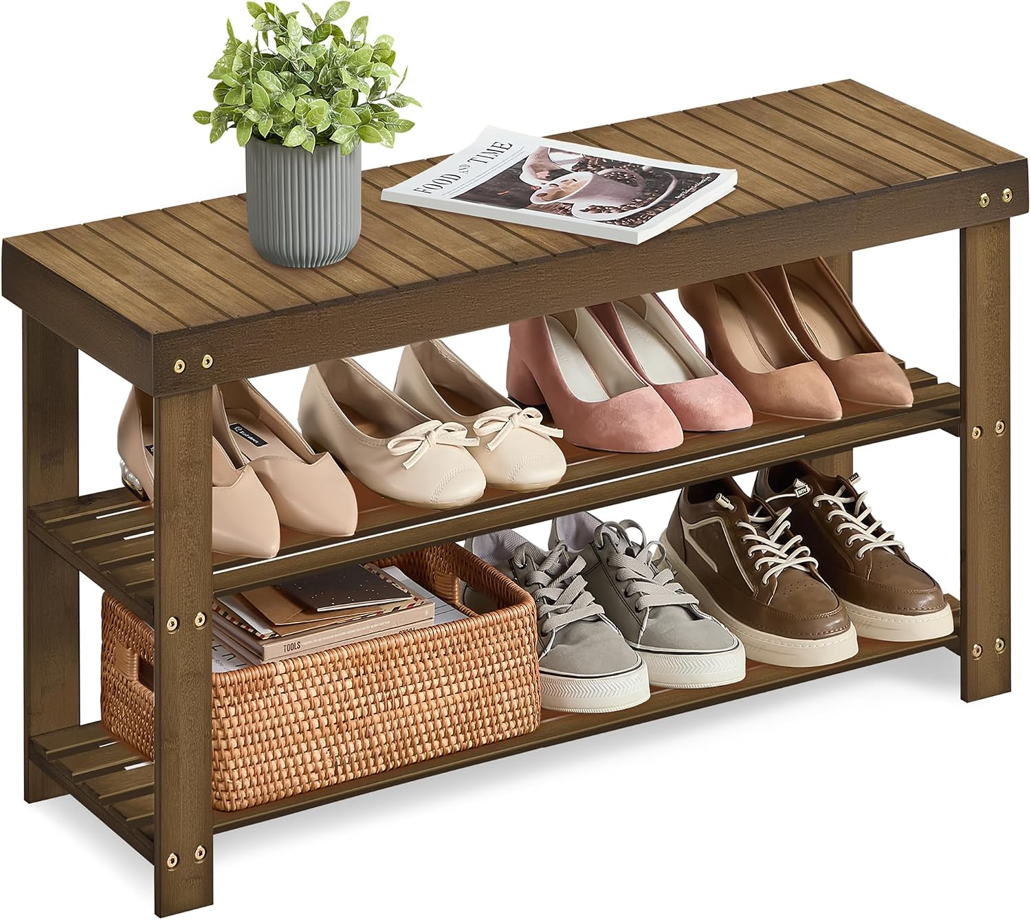 SONGMICS Shoe Rack Bench, 3-Tier Bamboo Shoe Storage Organizer, Entryway Bench, Holds Up to 286 lb, 11.3 x 35.4 x 17.8 Inches