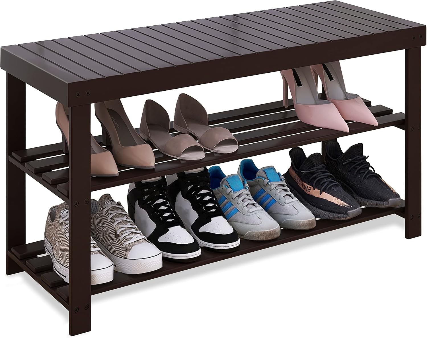 SMIBUY Bamboo Shoe Rack Bench, 3-Tier Shoe Organizer Storage Shelf for Entryway Hallway Bathroom Living Room (Grey)
