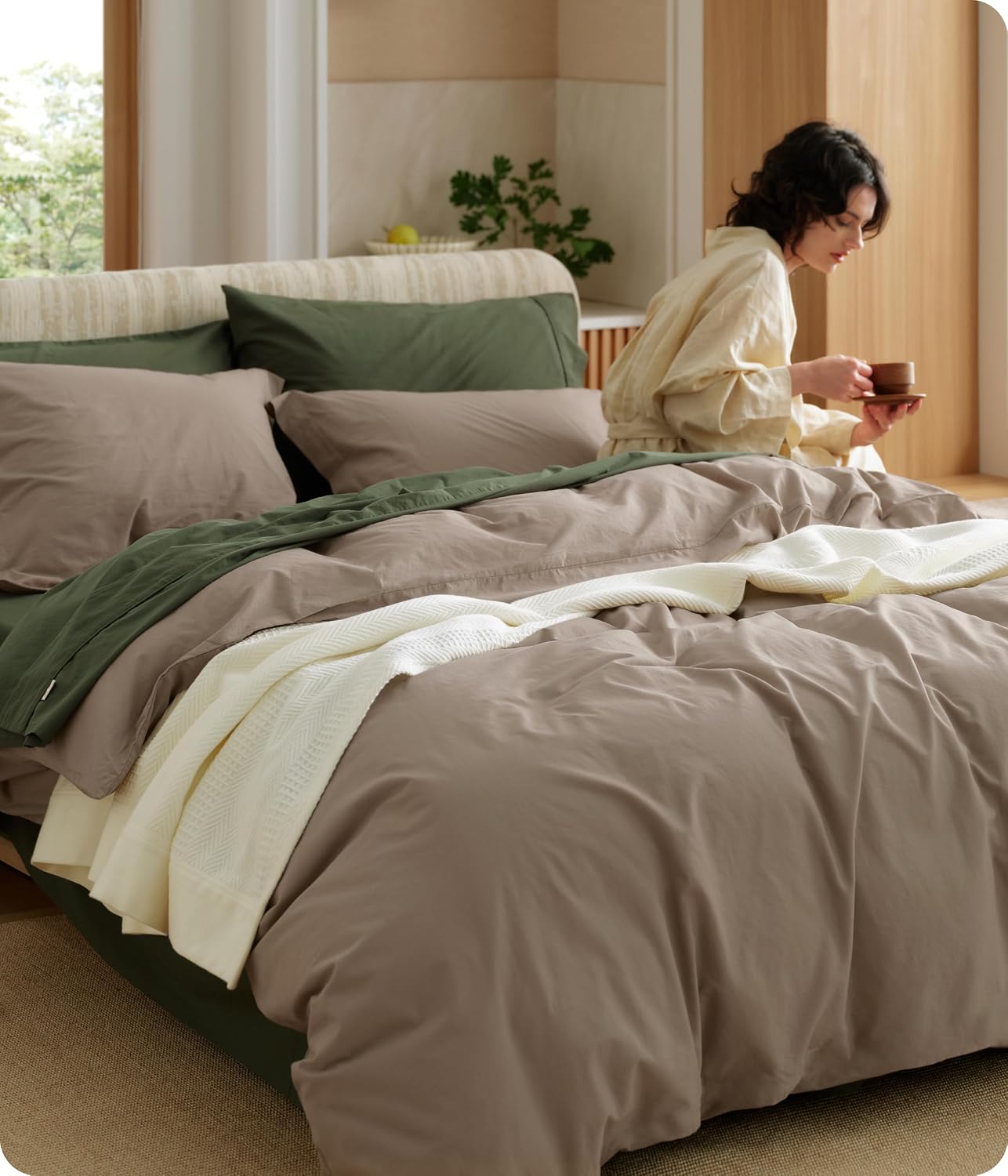 Bedsure 100% Washed Cotton Duvet Cover King Size - Sage Green Minimalist Bedding Set Linen Like - PureWoven Plain Simple and Soft Comforter Cover for