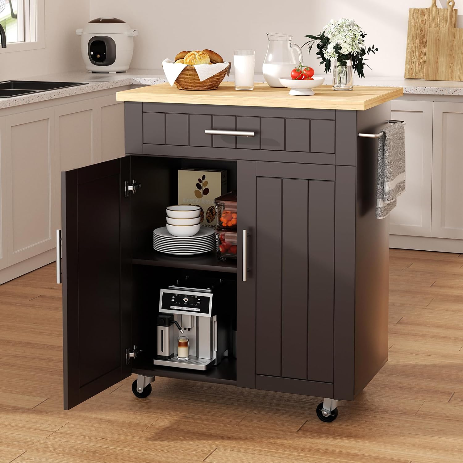Shintenchi Kitchen Island cart with Storage, Portable Bar Cabinet on Wheels, Rolling Microwave Cart Side Table with Workstation for Kitchen, Black