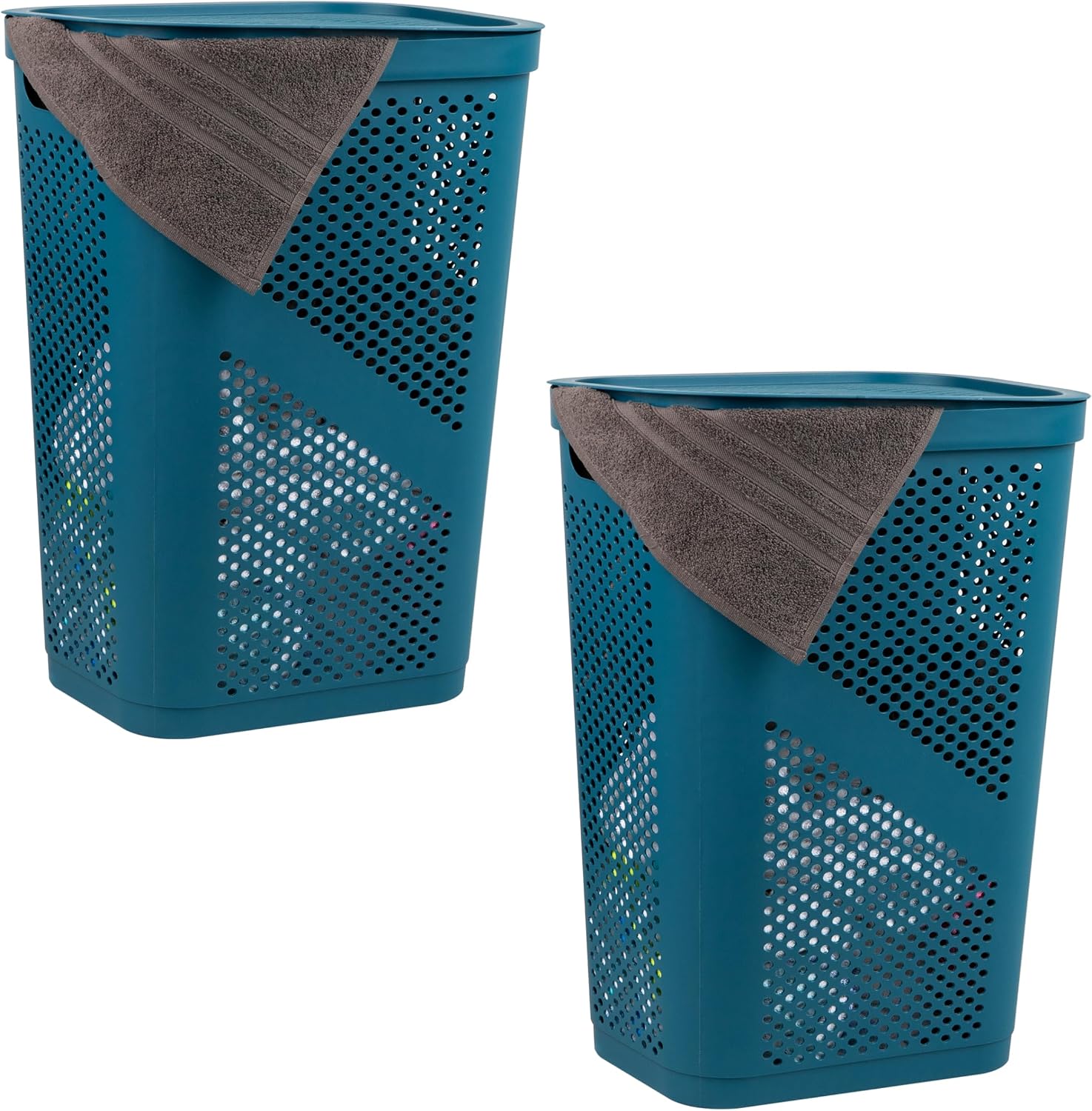 Mind Reader 60L Slim Laundry Hamper, Clothes Basket, Lid, Ventilated, Plastic, Set of 2, Tan