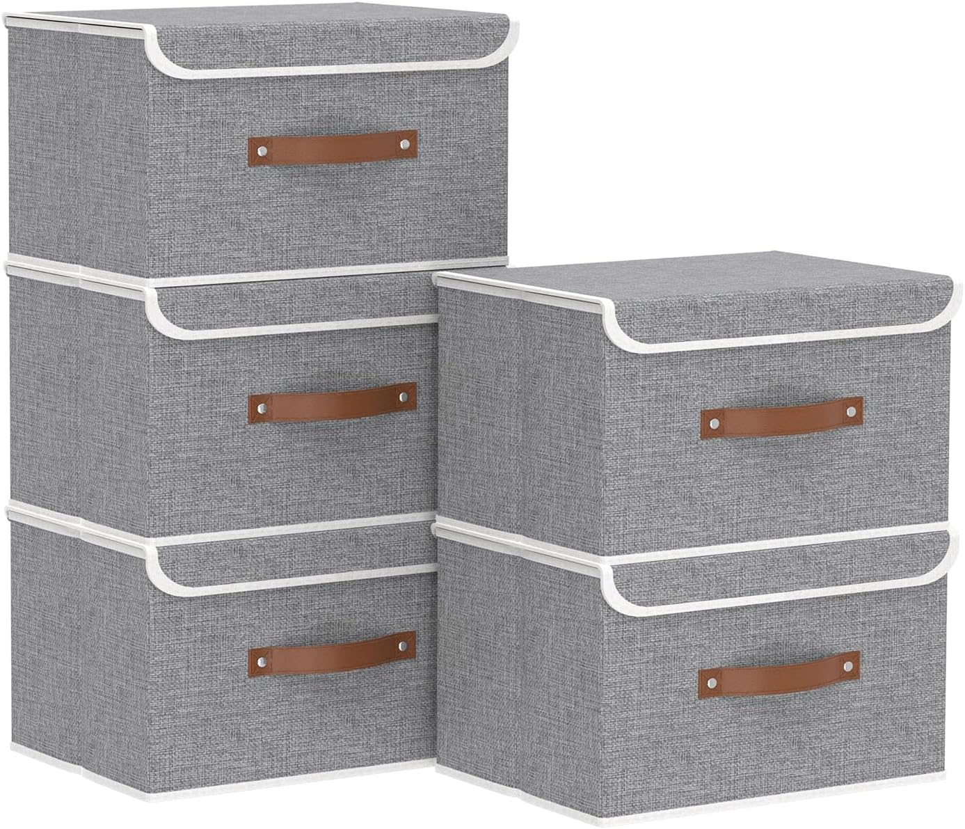 Yawinhe Collapsible Storage Boxes, Linen Fabric Baskets, Bin with lid and Leather Handle, Washable, for Home, Closet, Beige, 17.7''Lx11.8''Wx11.8''H