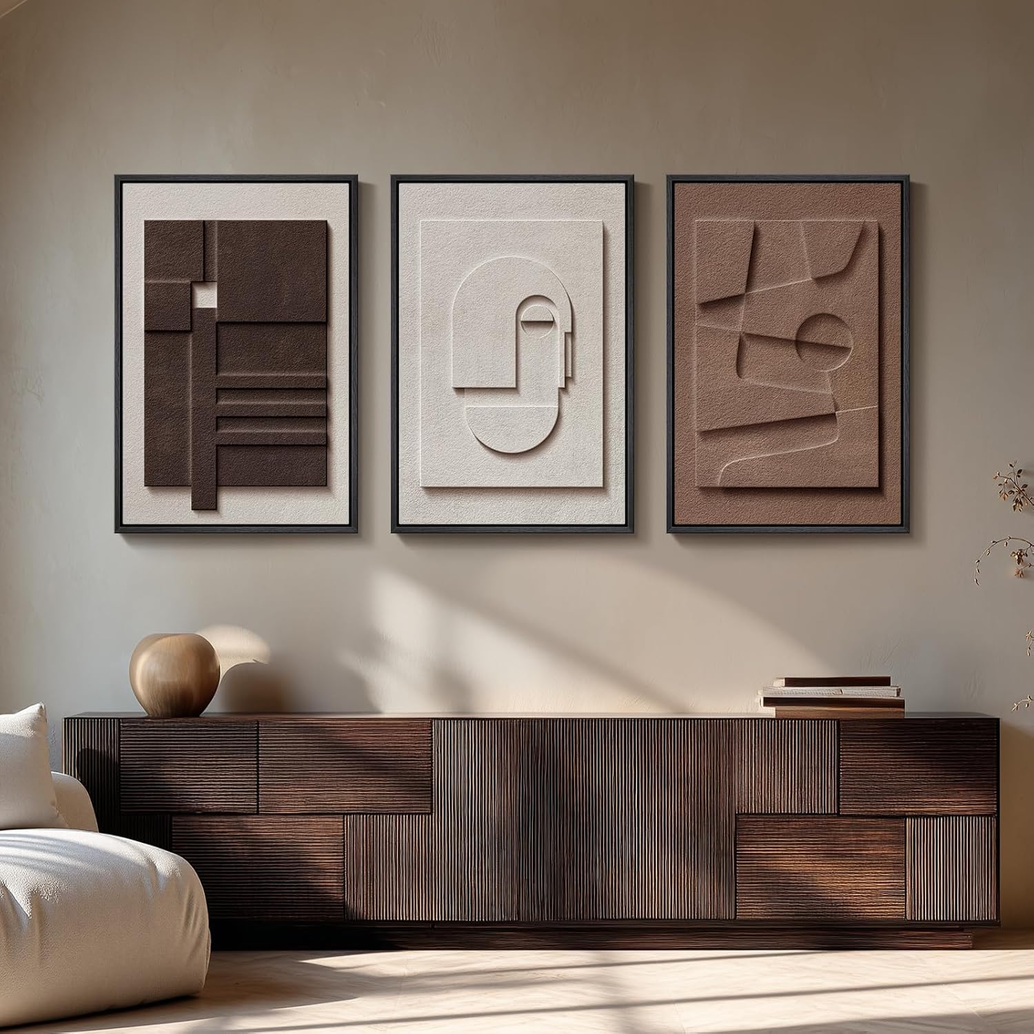 3D Wood Textured Large Neutral Abstract Wall Art, Modern Beige Brown Geometric Paintings Artwork for Walls-Minimalist Wooden Wall Art Decor for Living
