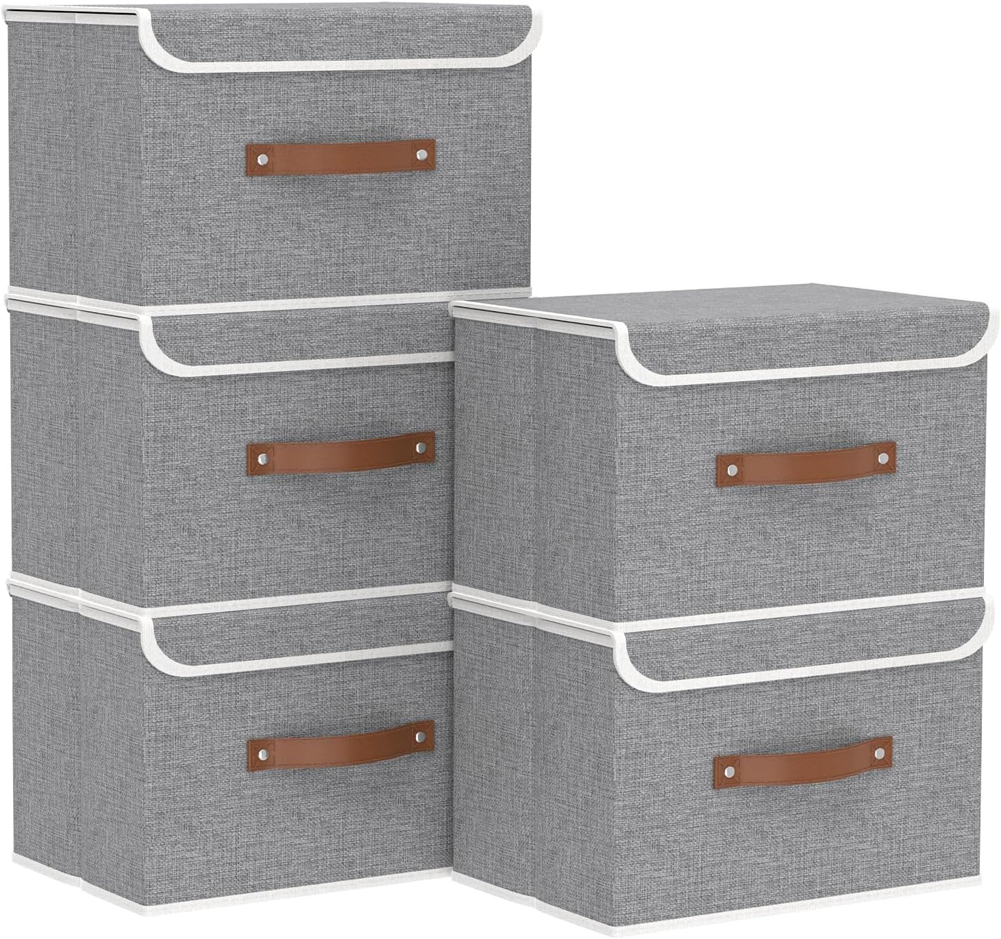 Yawinhe Collapsible Storage Boxes, Linen Fabric Baskets, Bin with lid and Leather Handle, Washable, for Home, Closet, Beige, 17.7''Lx11.8''Wx11.8''H
