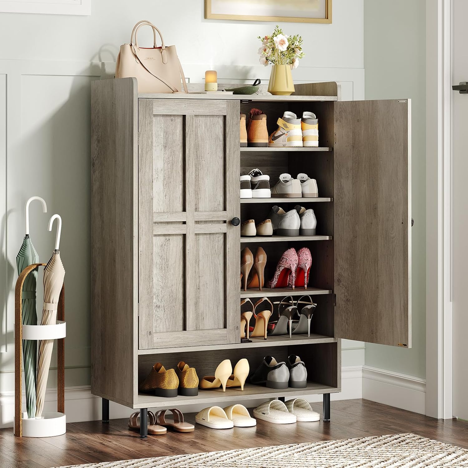Shoe Cabinet with Cross Molding Doors, 6-Tier Shoe Storage Cabinet with 3 Adjustable Shelves and Metal Legs