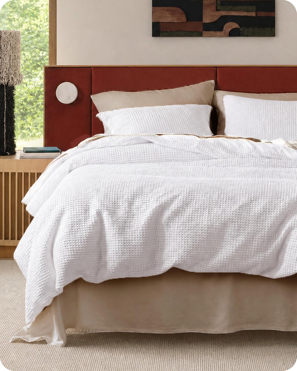 Bedsure Cotton Duvet Cover Queen - 100% Cotton Waffle Weave Coconut White Duvet Cover Queen Size, PureWoven Breathable Bedding Set for All Season