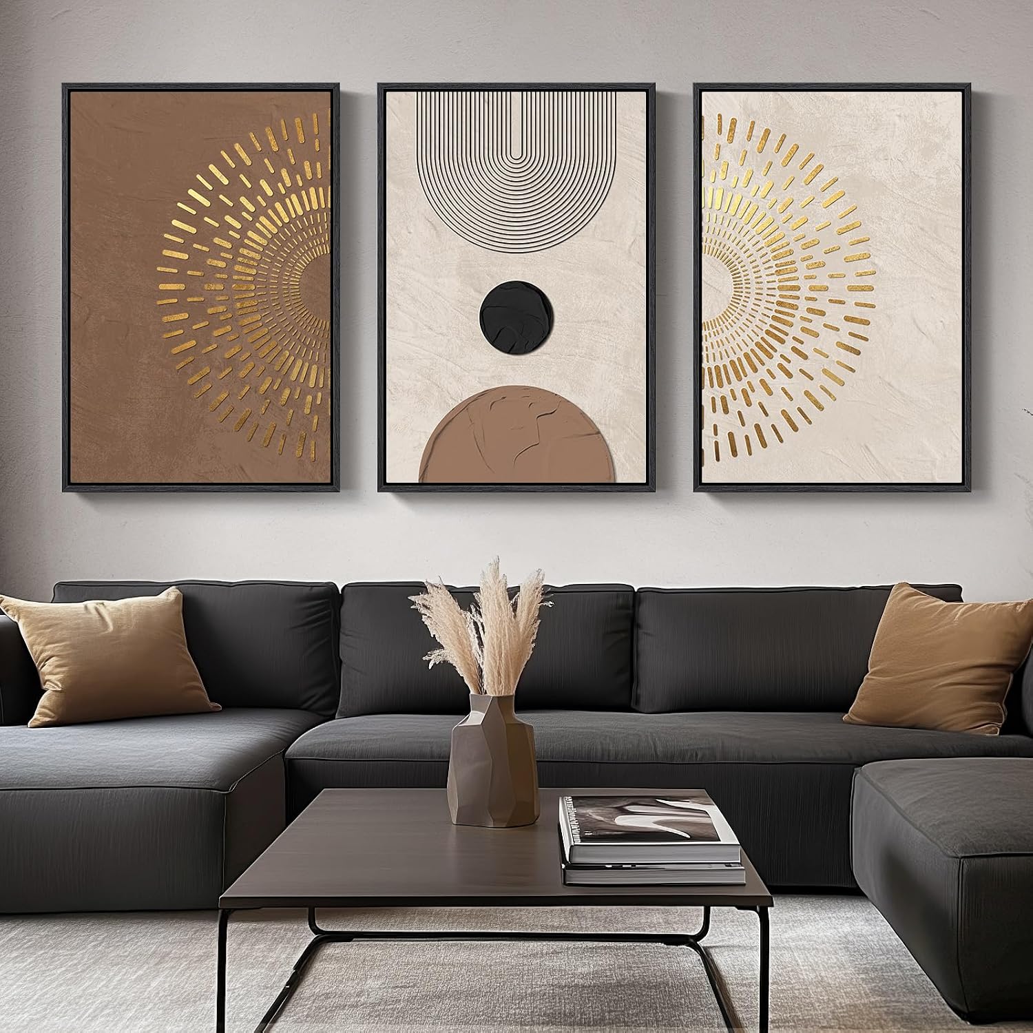 Large Framed Neutral Abstract Wall Art for Living Room, 3 Piece Modern Canvas Prints Paintings Artwork for Walls