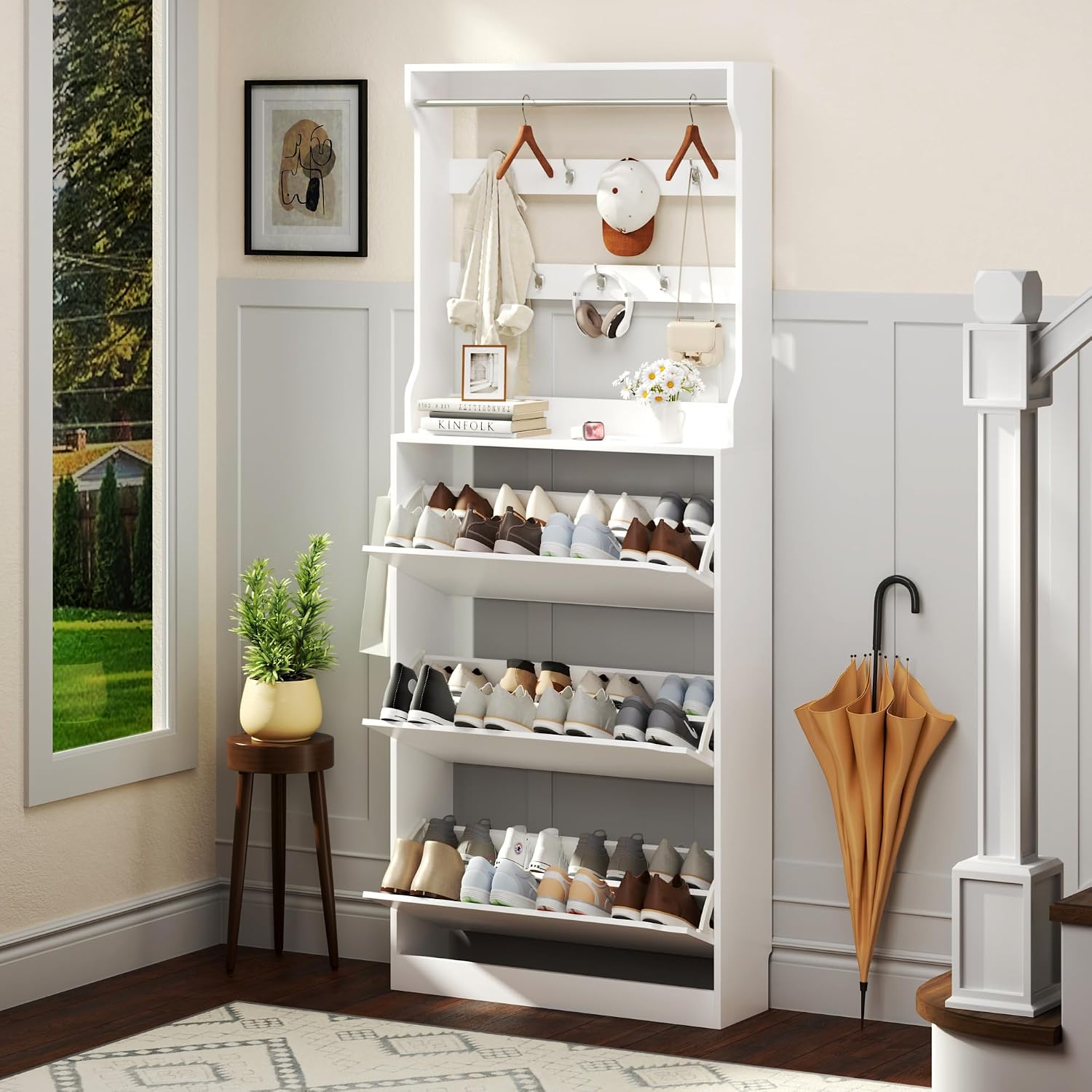Shoe Storage Cabinet for Entryway with 3 Flip Drawers, Sturdy Wood Hidden Shoe Storage