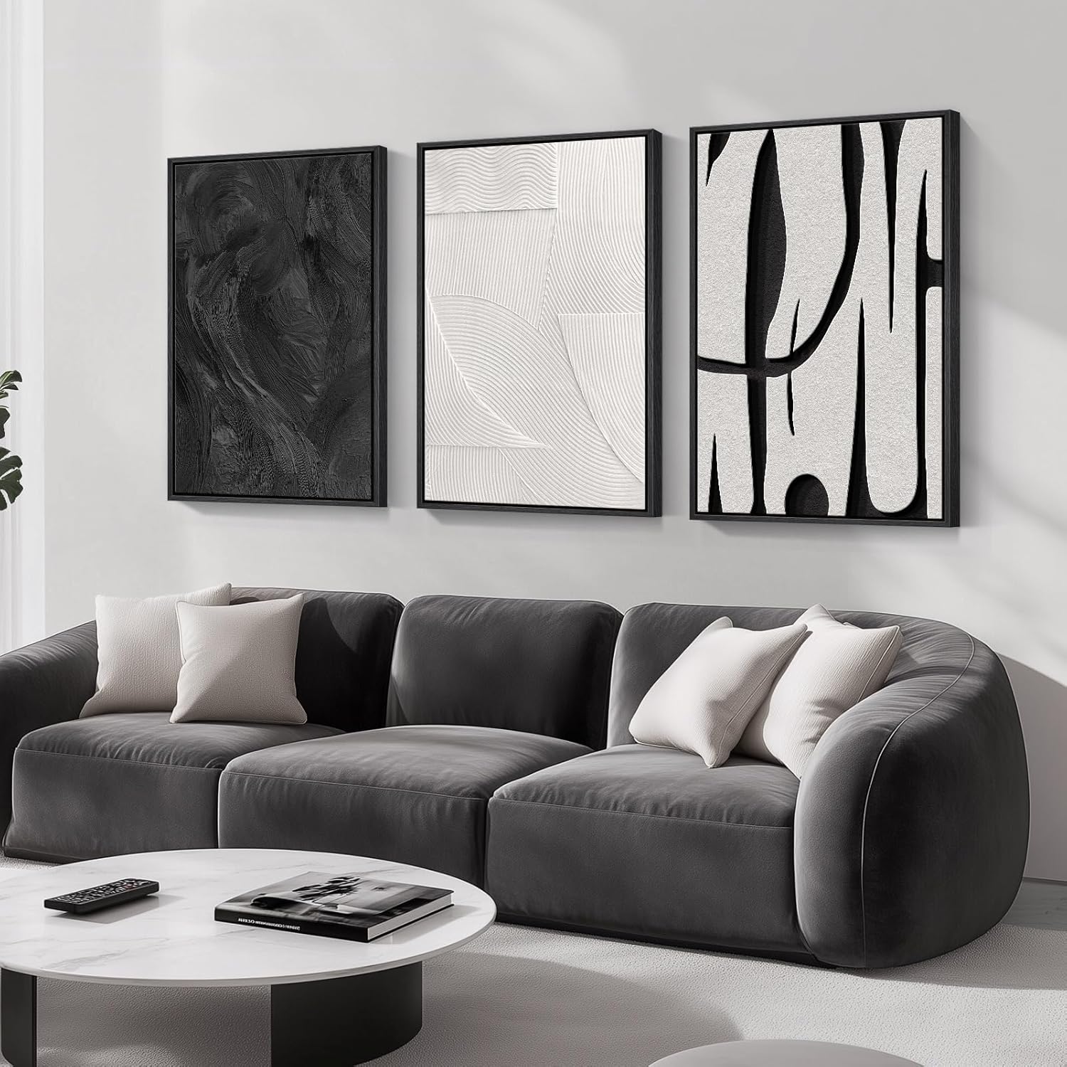 Large Framed Boho Modern Neutral Abstract Wall Art for Living Room, 3 Piece Black and White Canvas Prints Paintings Artwork for Walls