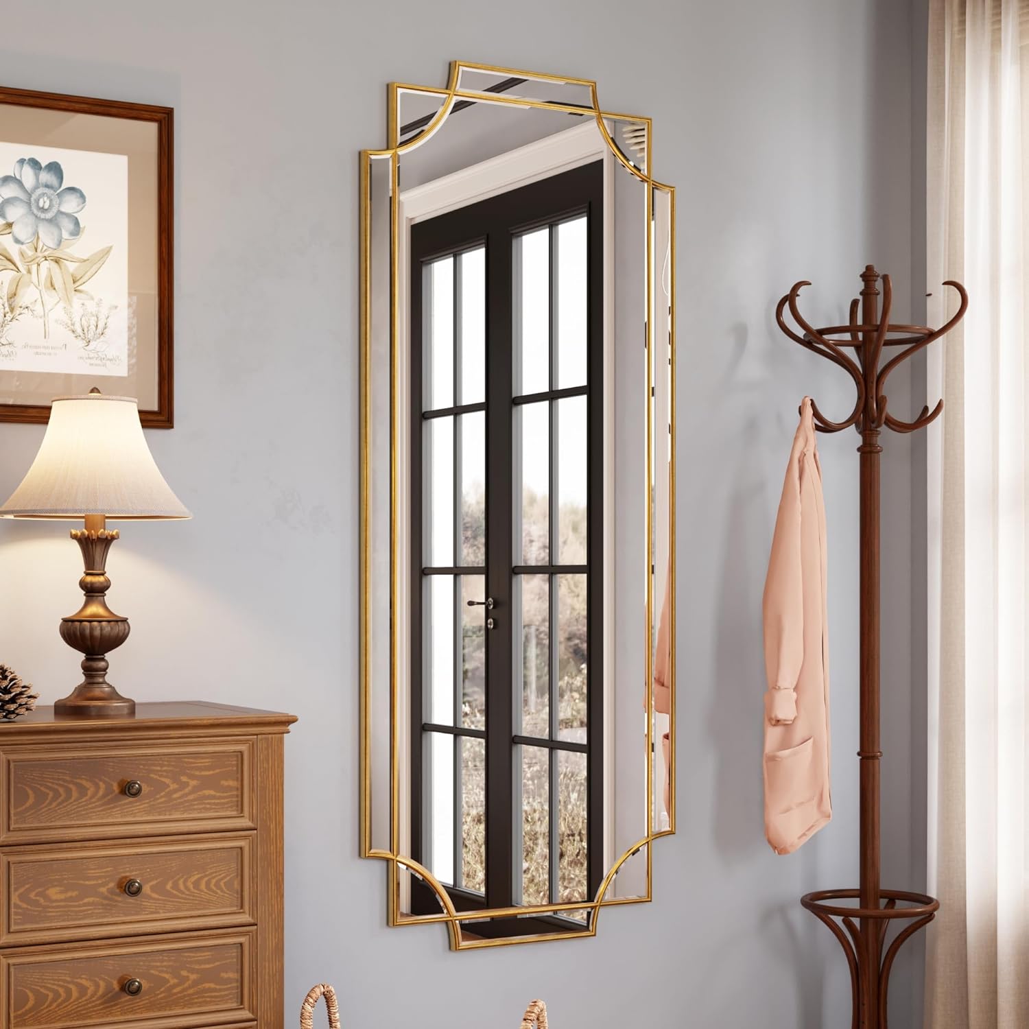 Kelly Miller 24"x48" Gold Foil Scalloped Edge Decorative Vanity Wall Mirror, Hand-Applied Gold Foil Finish. HD Mirror With French Cleat. Elegant