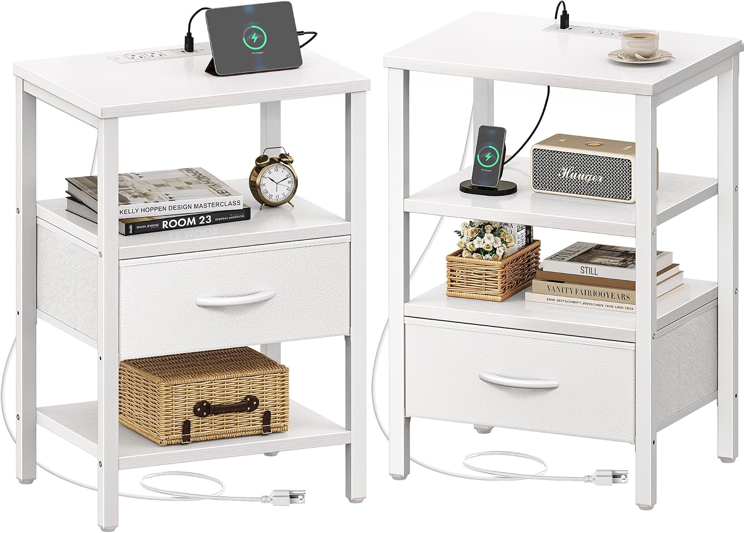SUPERJARE Nightstand Set of 2, Bed Side Tables with Charging Station, Adjustable Fabric Drawer, Night Stand for Bedroom, 3-Tier Storage End Tables