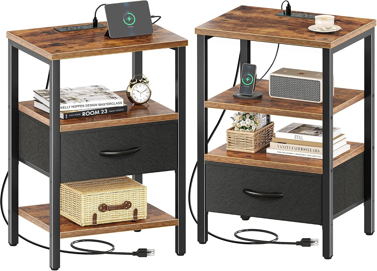 SUPERJARE Nightstand Set of 2, Bed Side Tables with Charging Station, Adjustable Fabric Drawer, Night Stand for Bedroom, 3-Tier Storage End Tables