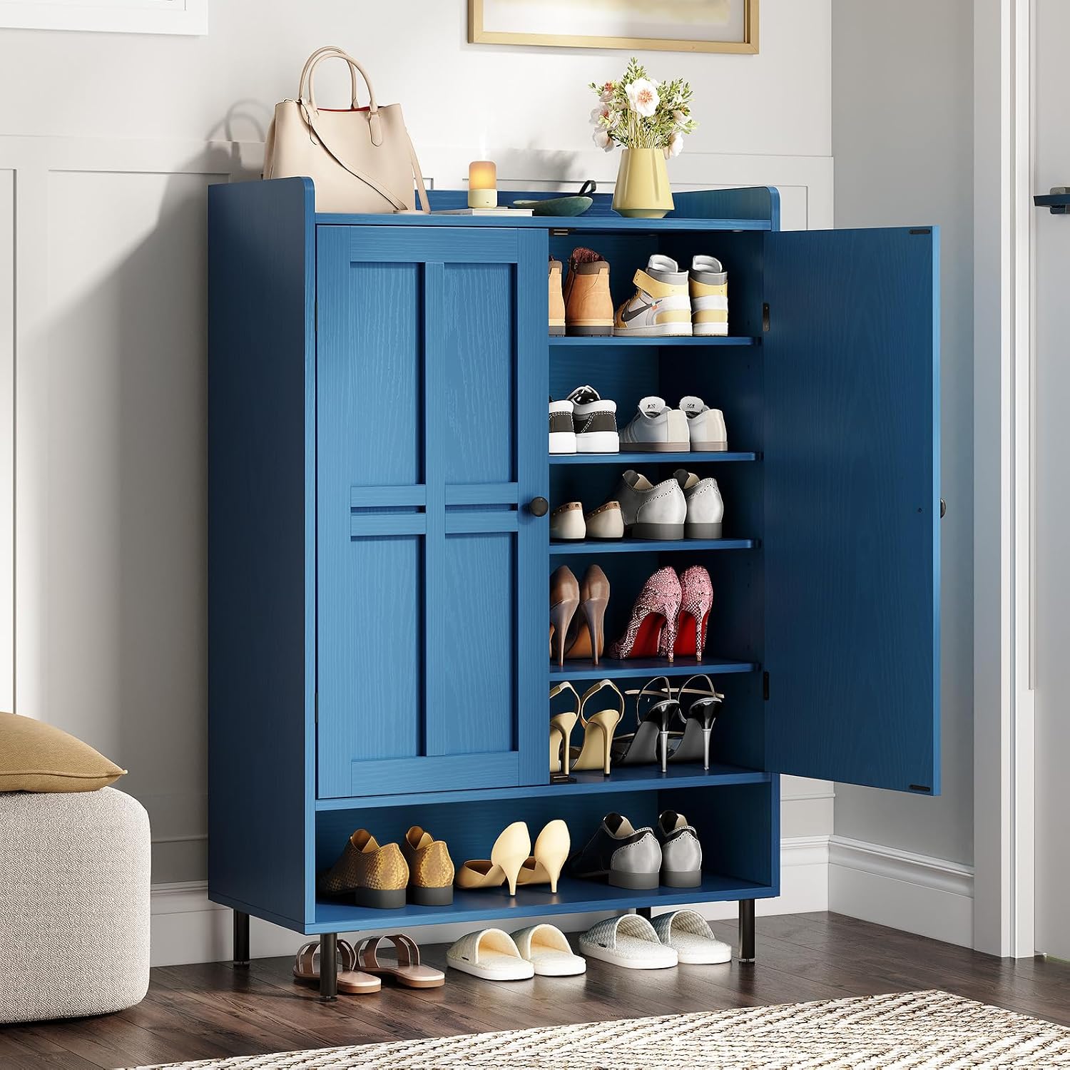 Shoe Cabinet with Cross Molding Doors, 6-Tier Shoe Storage Cabinet with 3 Adjustable Shelves and Metal Legs