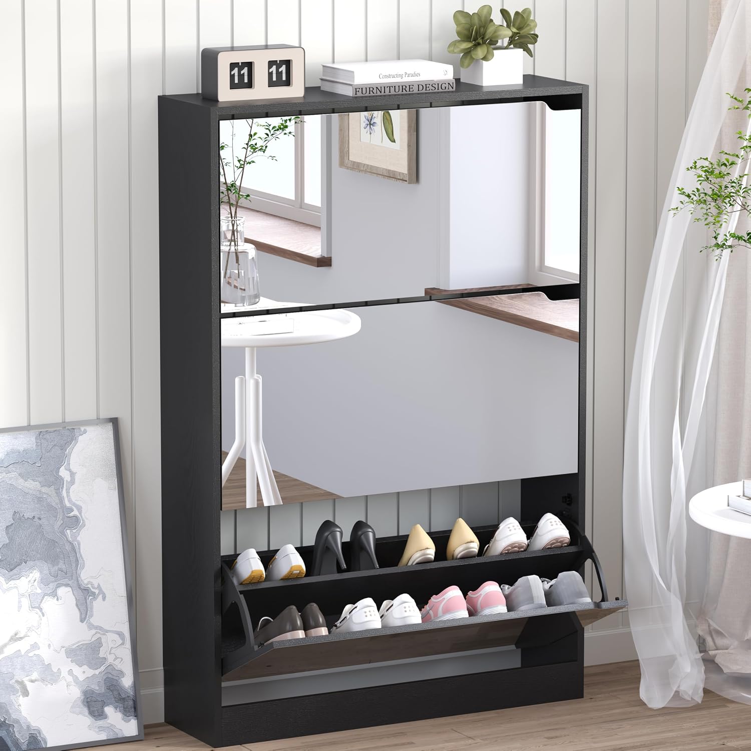 BORNOON Shoe Storage Cabinet with 3 Flip Drawers, Narrow Shoe Rack Cabinet, Freestanding Organizer Storage for Entryway, Hallway, Black
