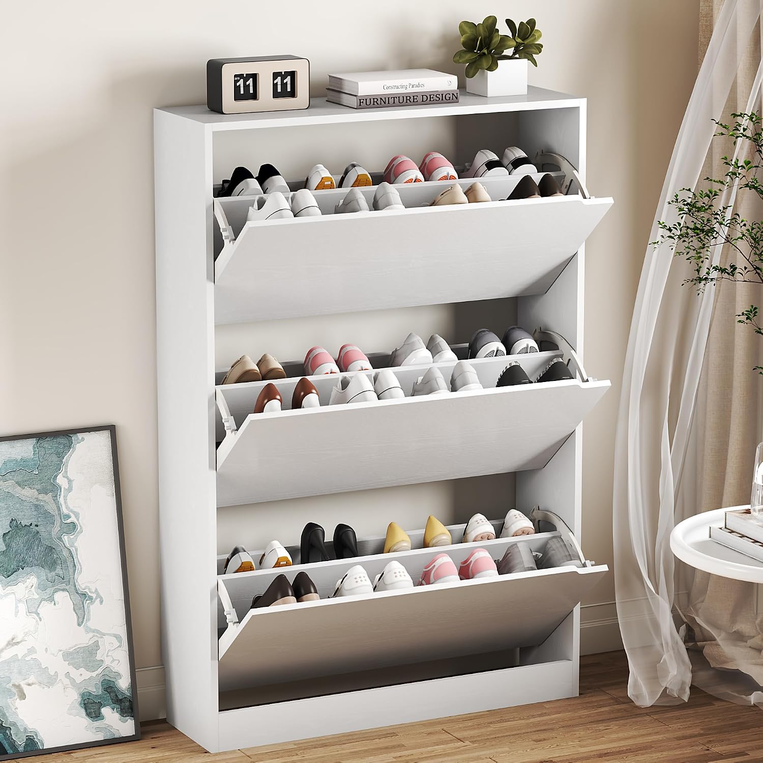 BORNOON Shoe Cabinet with 3 Flip Drawers, Hidden Wood Shoe Cabinet, Freestanding Shoe Storage Cabinet for Entryway Hallway.White. 47.2" H*31.5" W*9