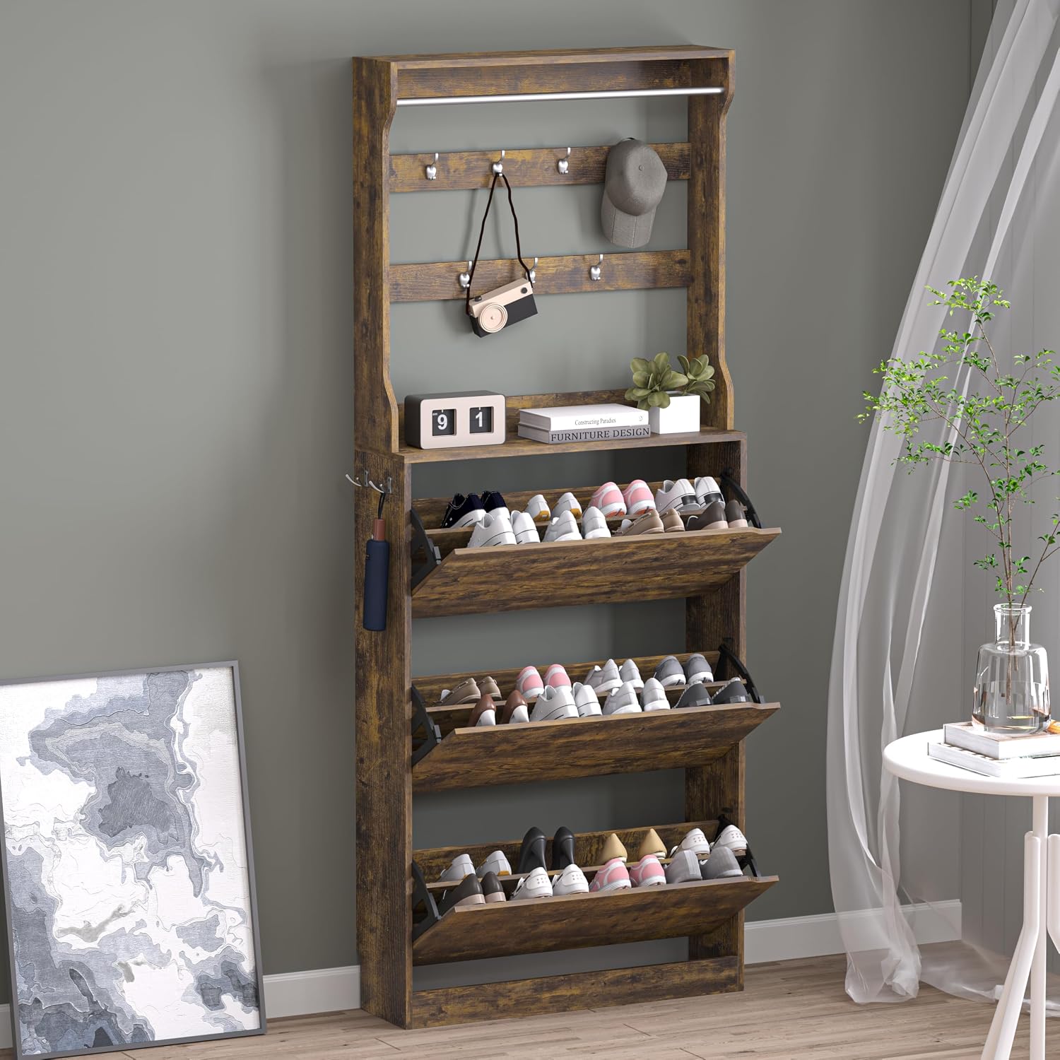 BORNOON Shoe Cabinet with 3 Flip Drawers, Hidden Wood Shoe Cabinet, Freestanding Shoe Storage Cabinet for Entryway Hallway.White. 47.2" H*31.5" W*9