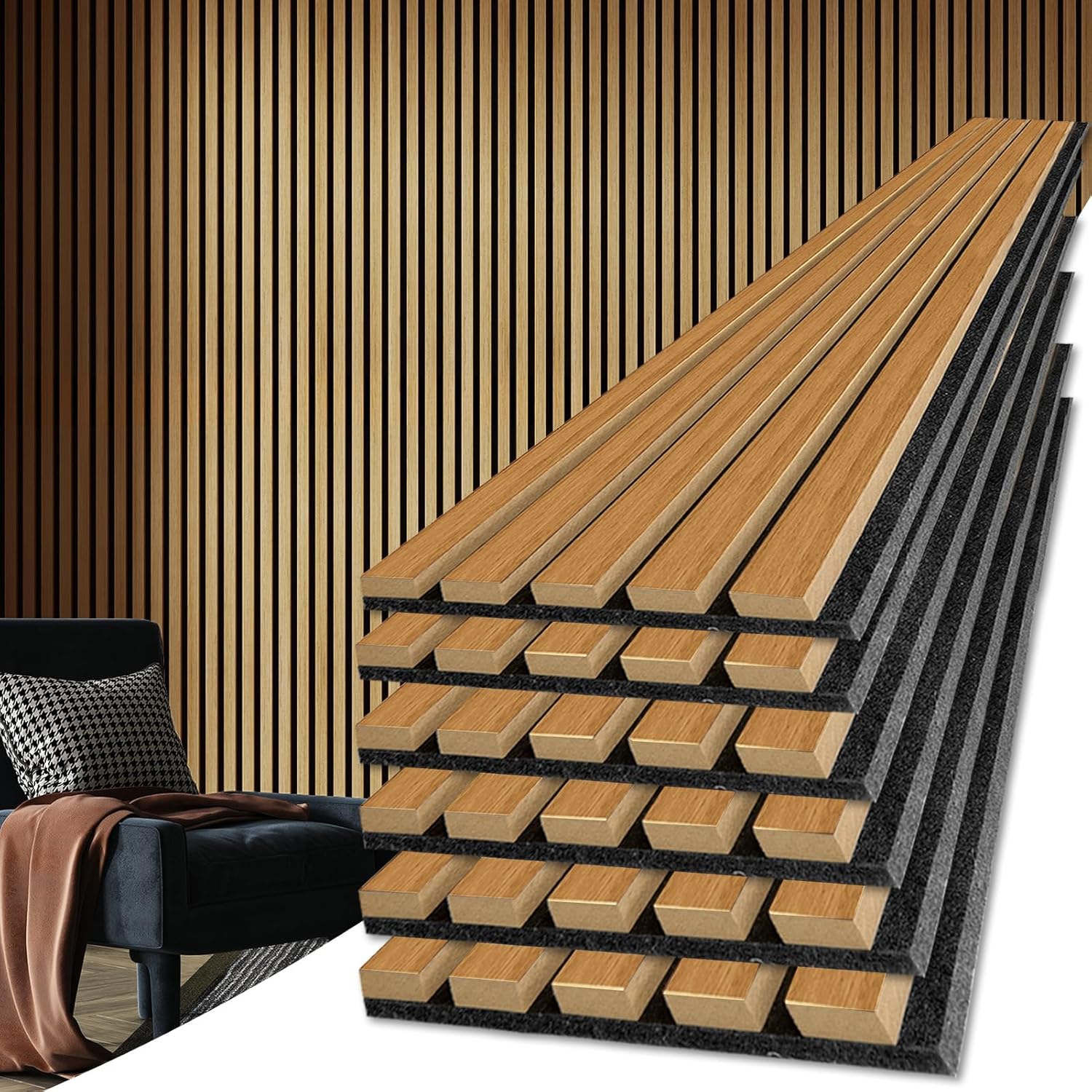 Art3d 6-Piece Wood Slat Acoustic Panels for Stylish Decor and Noise Reduction, 3D Textured Panel for Ceiling and Wall, Walnut