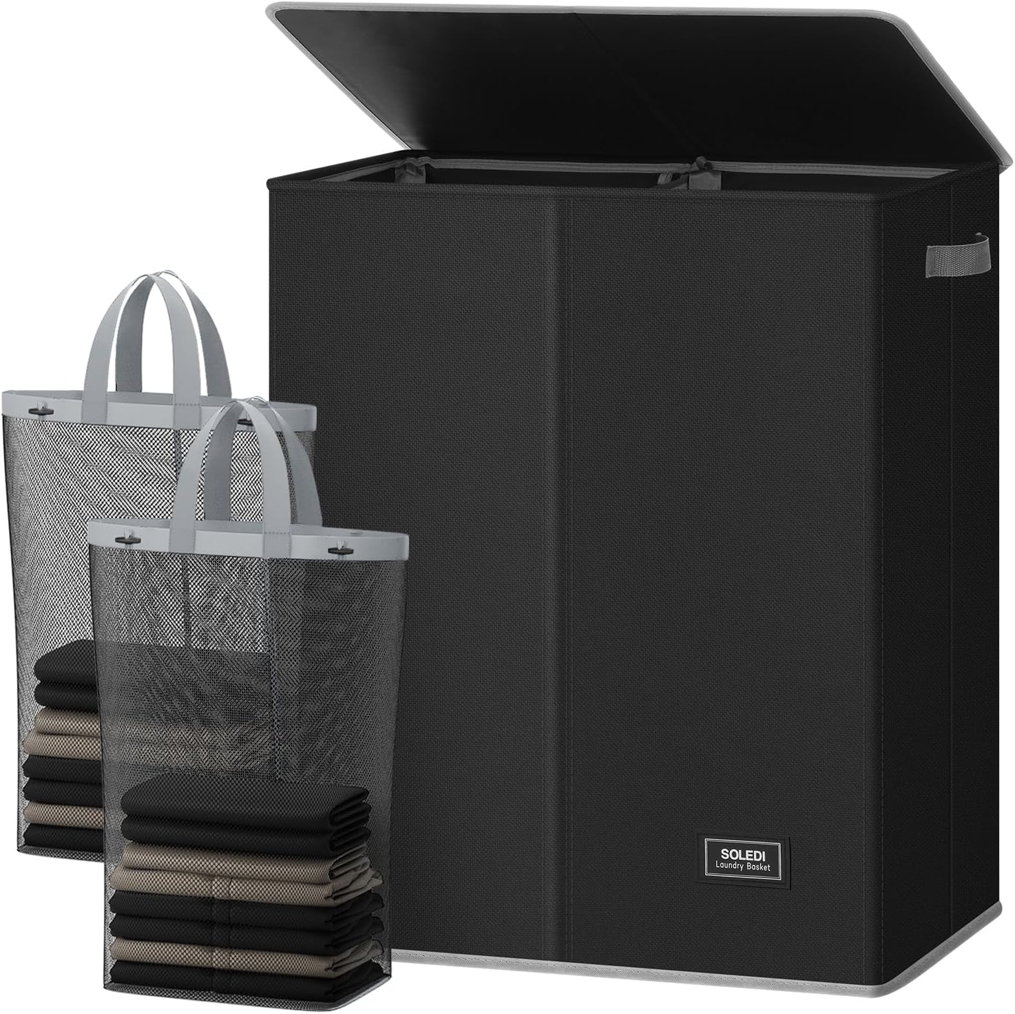 SOLEDI Luxury Double Laundry Hamper with Lid and Removable Bags, 38.3 Gal Large Laundry Bin, Laundry Basket 2 Sections