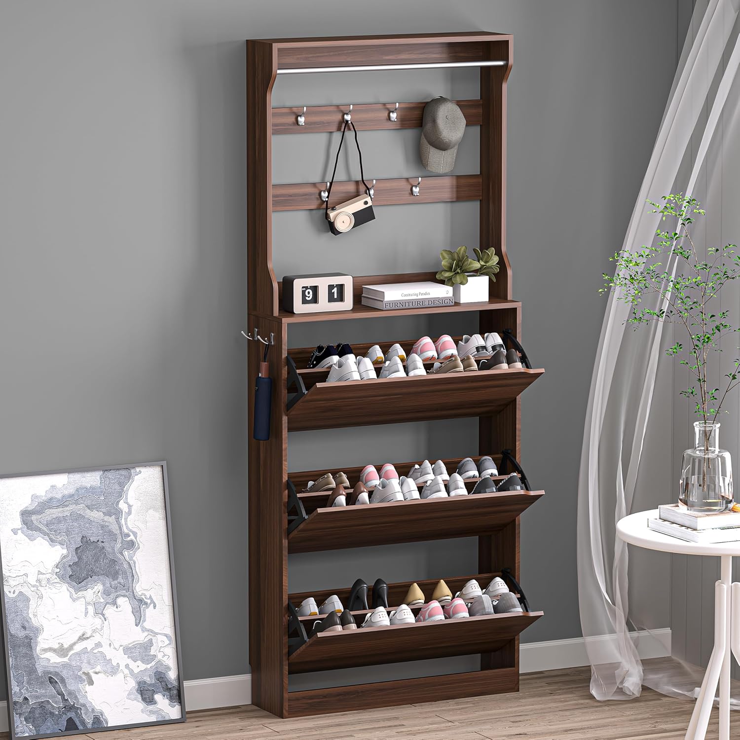 BORNOON Shoe Cabinet with 3 Flip Drawers, Hidden Wood Shoe Cabinet, Freestanding Shoe Storage Cabinet for Entryway Hallway.White. 47.2" H*31.5" W*9