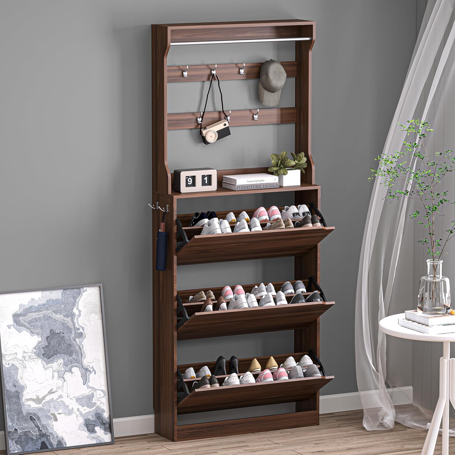 BORNOON Shoe Storage Cabinet with 3 Flip Drawers, Narrow Shoe Rack Cabinet, Freestanding Organizer Storage for Entryway, Hallway, Black
