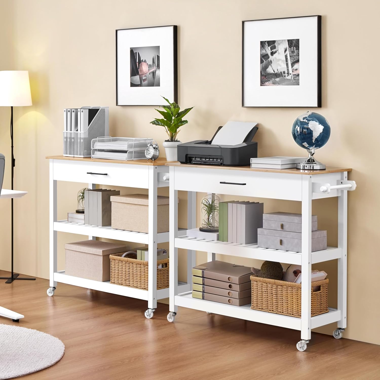 Yaheetech Rolling Kitchen Island Cart with 3 Shelves Lockable Wheels, White, Solid Wood Small Kitchen Island with Storage