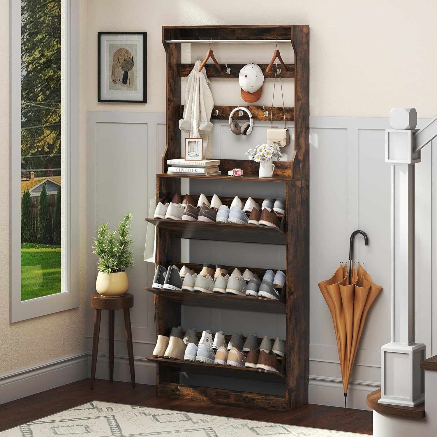 Shoe Storage Cabinet for Entryway with 3 Flip Drawers, Sturdy Wood Hidden Shoe Storage