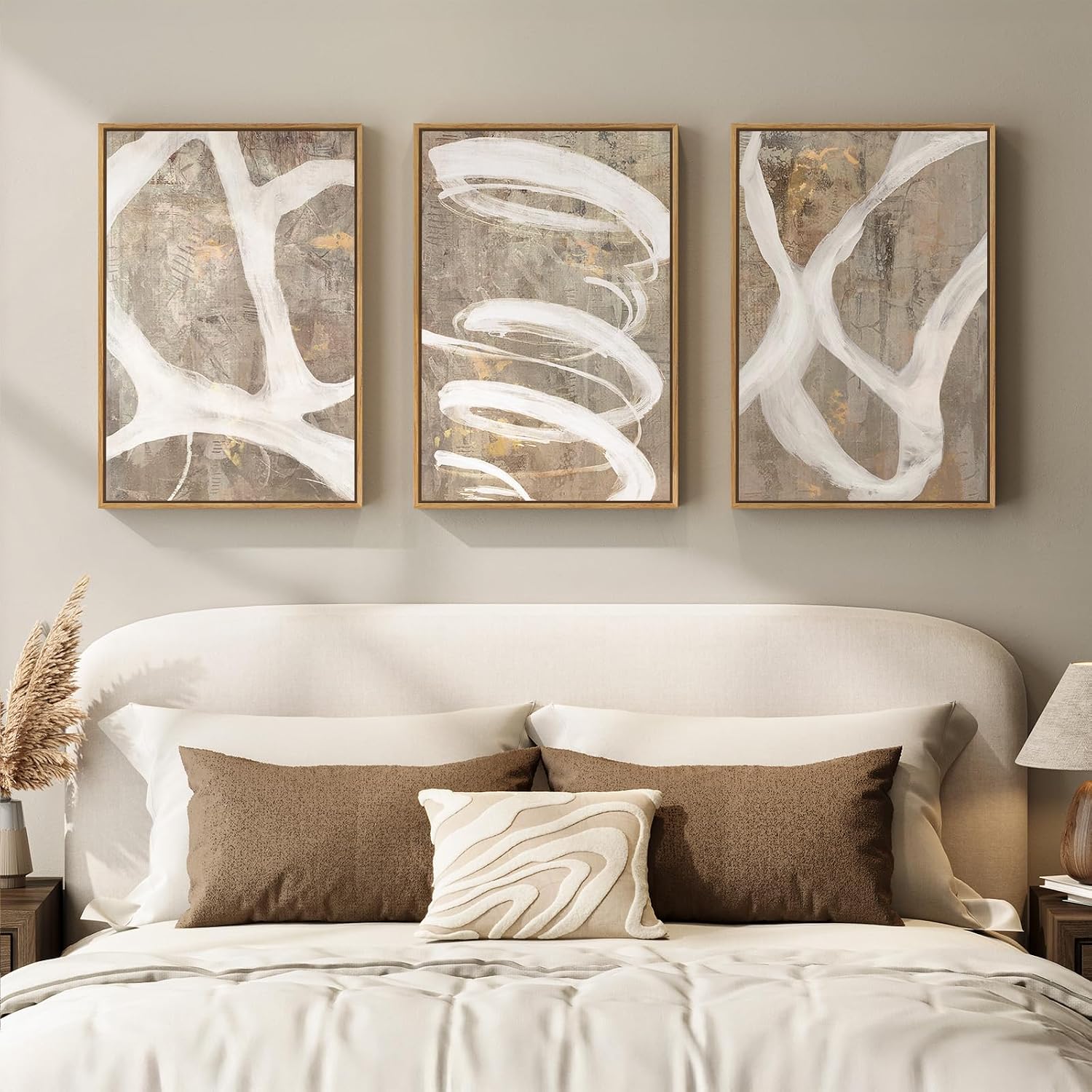 Large Framed Neutral Abstract Wall Art for Living Room, 3 Piece Modern Canvas Prints Paintings Artwork for Walls