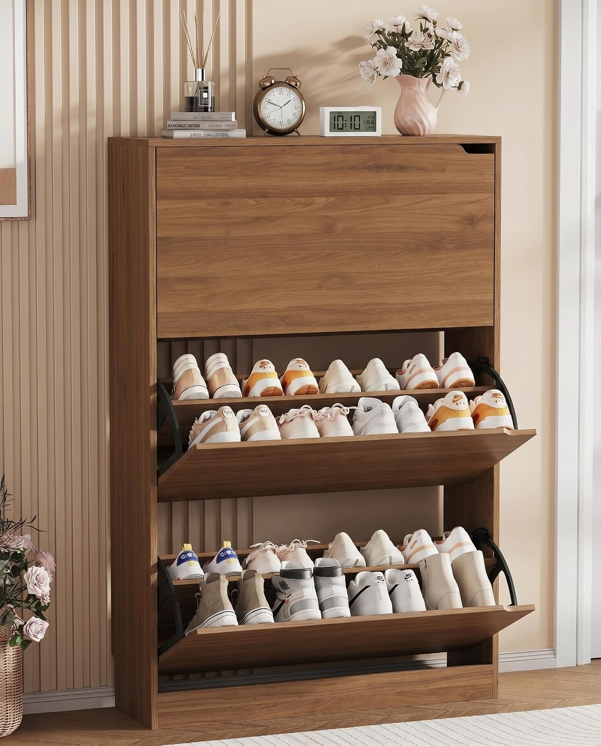 Shoe Storage Cabinet, Wood Shoe Organizer for Entryway with 3 Flip Drawers, Freestanding Shoe Rack with Adjustable Shelf
