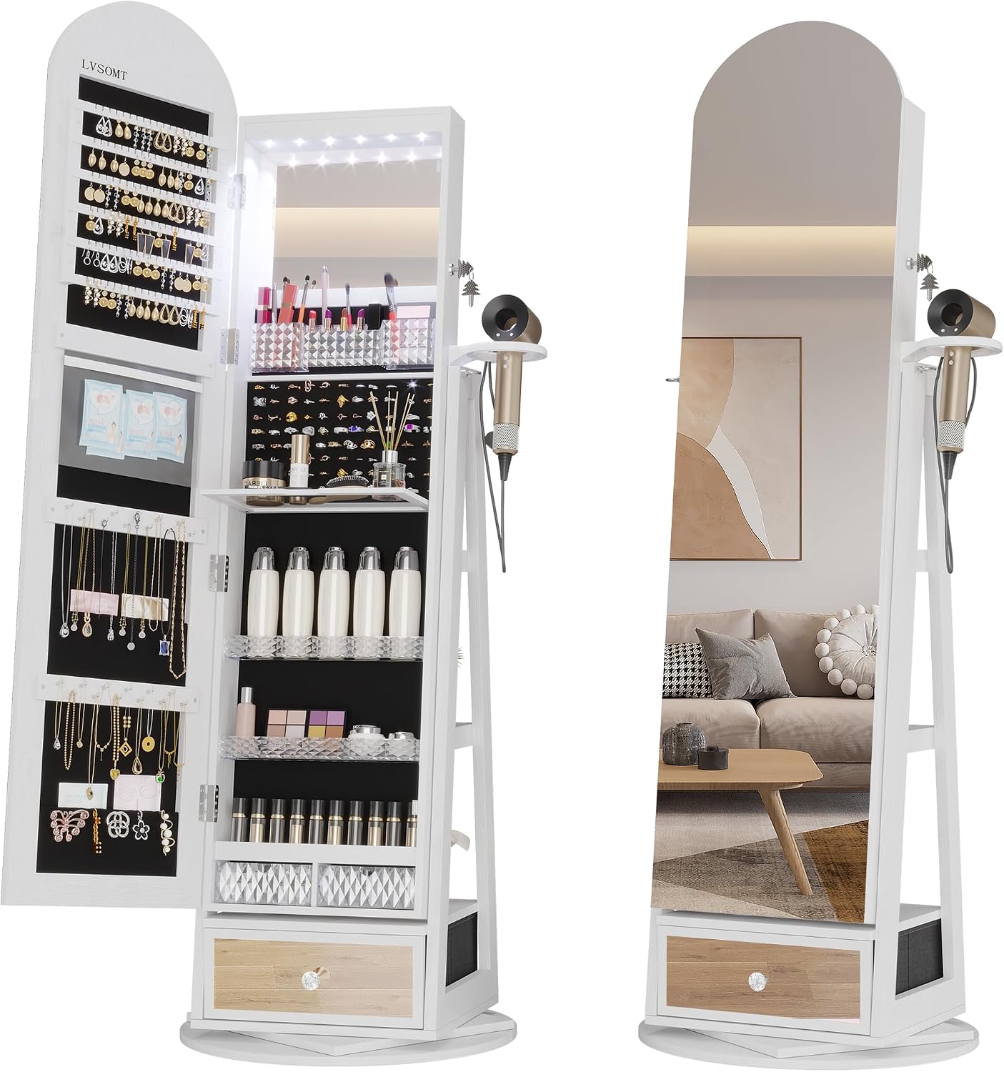 LVSOMT 64" H Arched LED Mirror Jewelry Cabinet Standing, White, 360° Swivel Full-Length Mirror with Storage