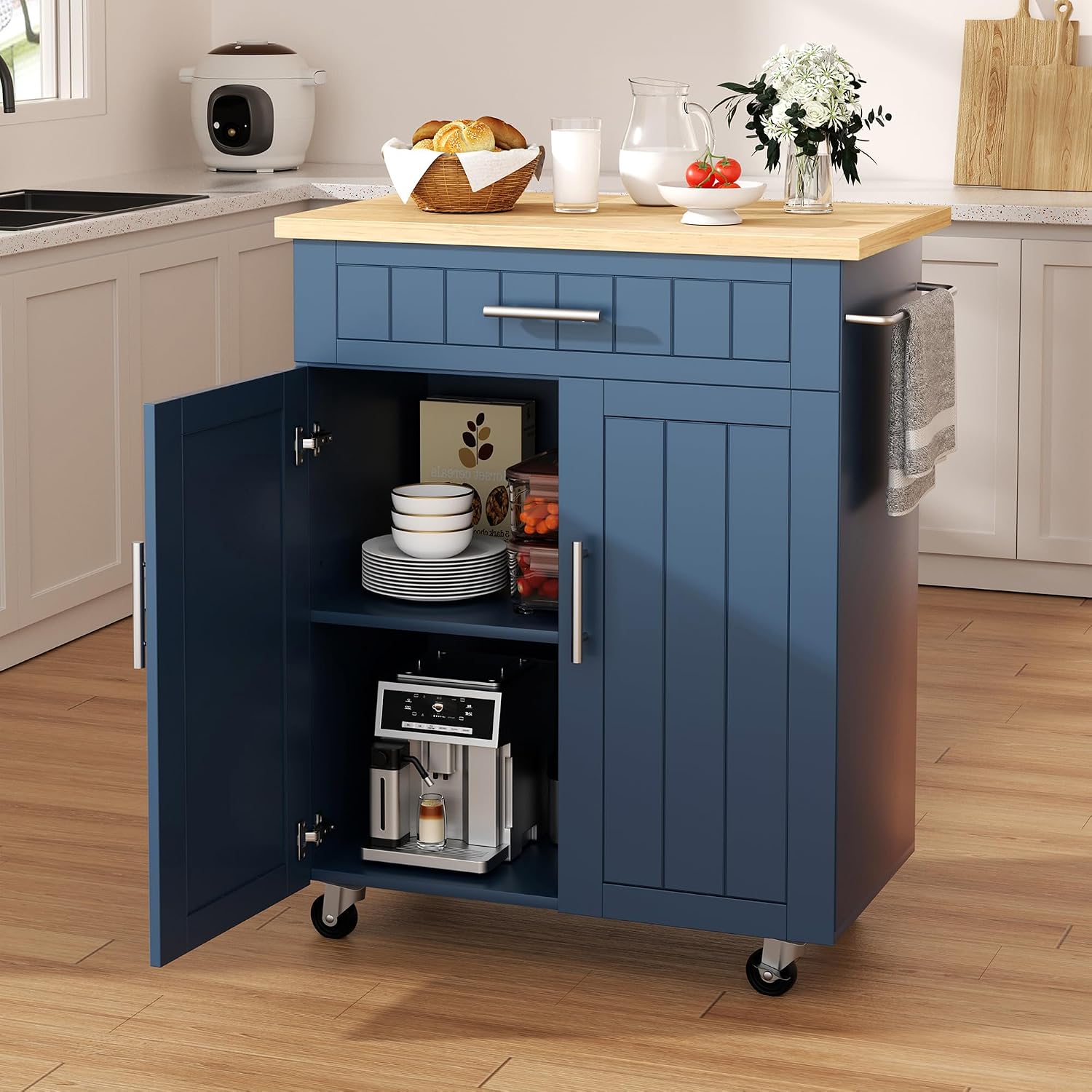 Shintenchi Kitchen Island cart with Storage, Portable Bar Cabinet on Wheels, Rolling Microwave Cart Side Table with Workstation for Kitchen, Black