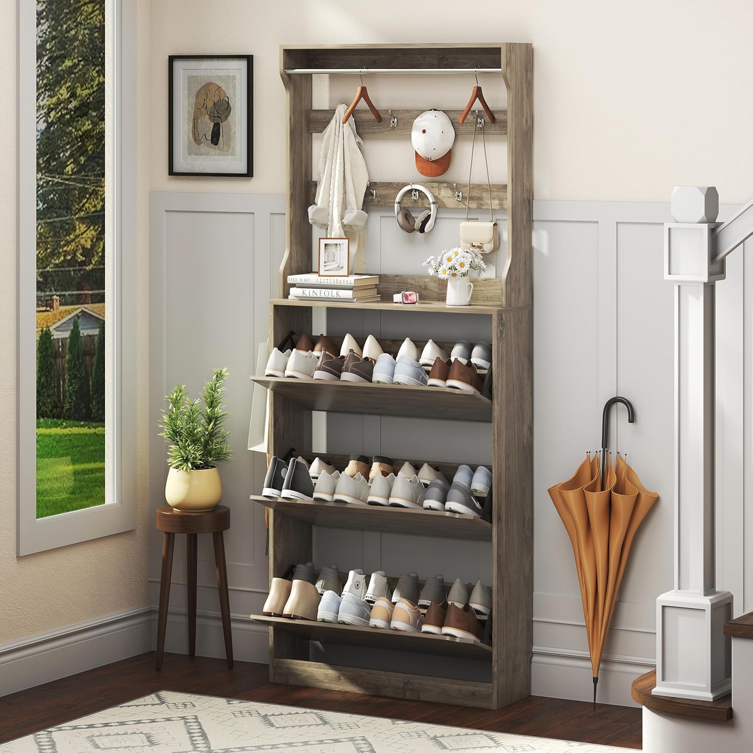 Shoe Storage Cabinet for Entryway with 3 Flip Drawers, Sturdy Wood Hidden Shoe Storage