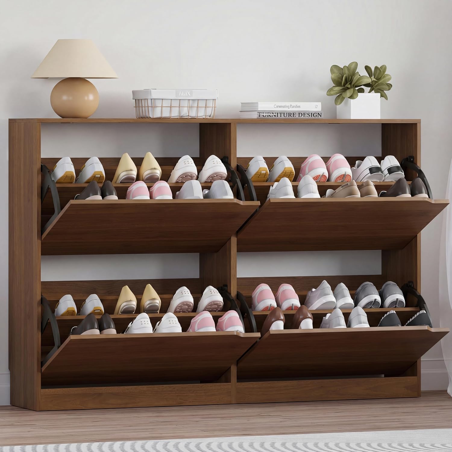 BORNOON Shoe Cabinet with Odor Control and Back Panels, Deodorizing Slim 3-Flip Shoe Storage Cabinet for Entryway