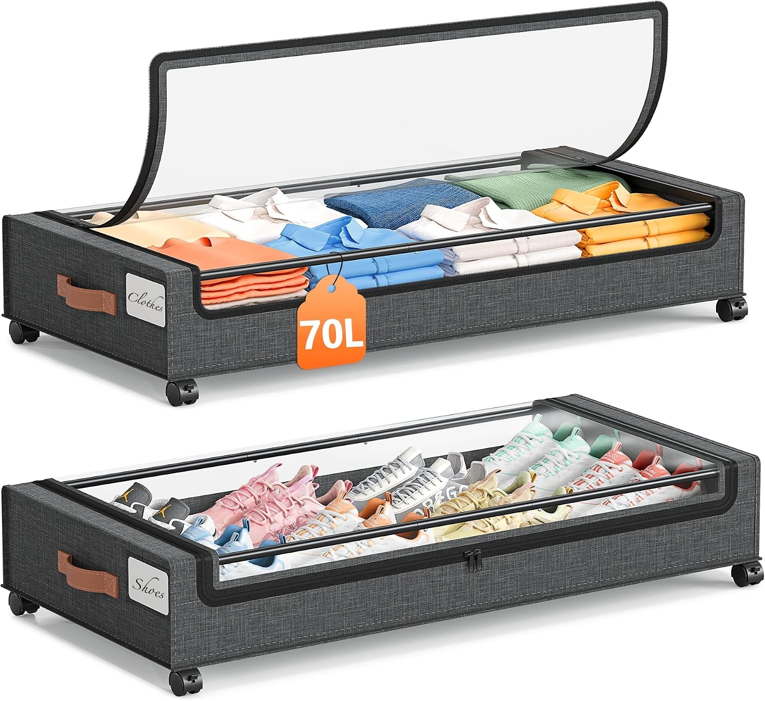 Yecaye Under Bed Storage with Wheels, 2Pack Under Bed Storage Containers, Underbed Shoe Storage Organizer, Rolling Under Bed Metal Drawers for Clothes