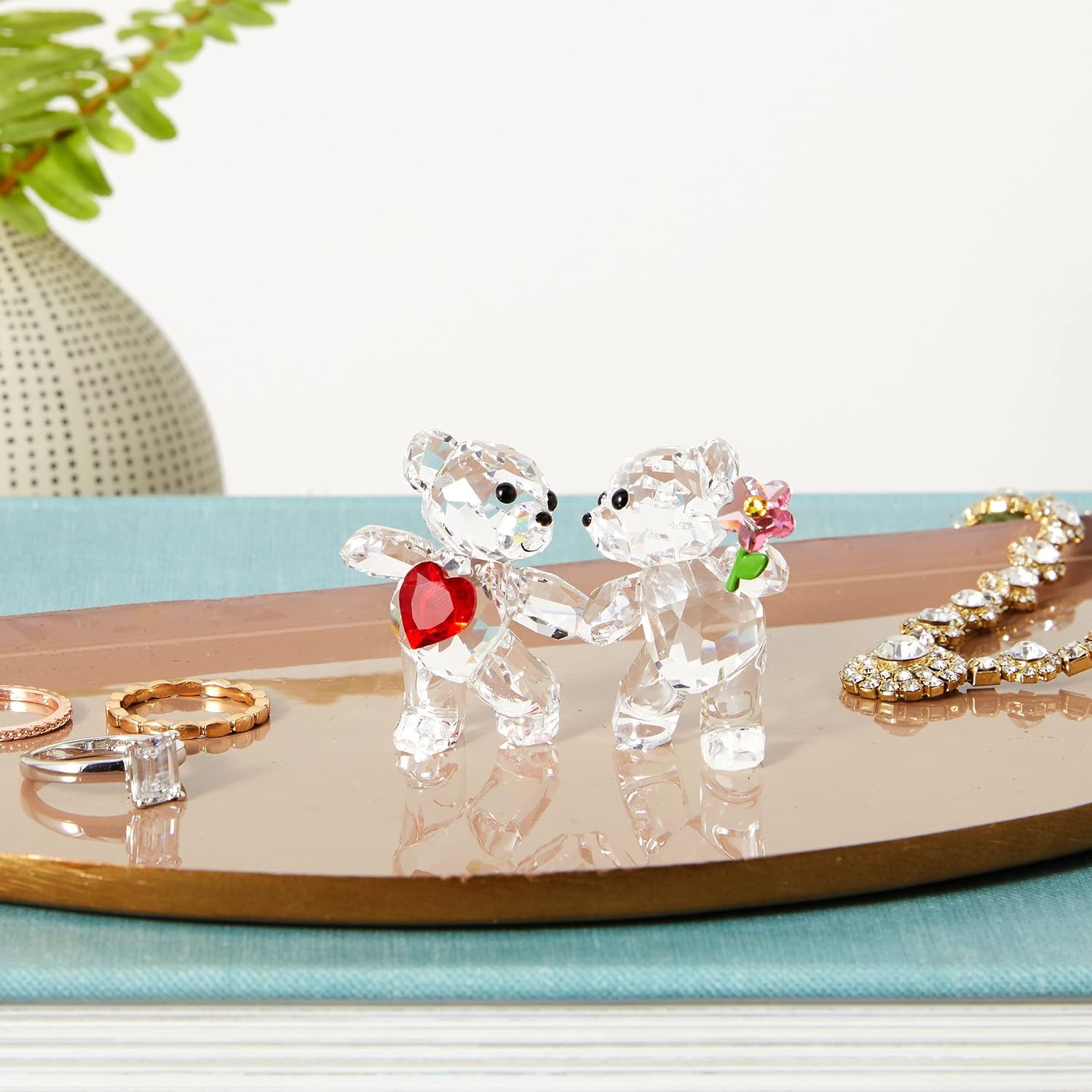 SWAROVSKI Kris Bears Happy Together Figurine Set, Clear Swarovski Crystal with a Red Heart and Pink Flower Accent