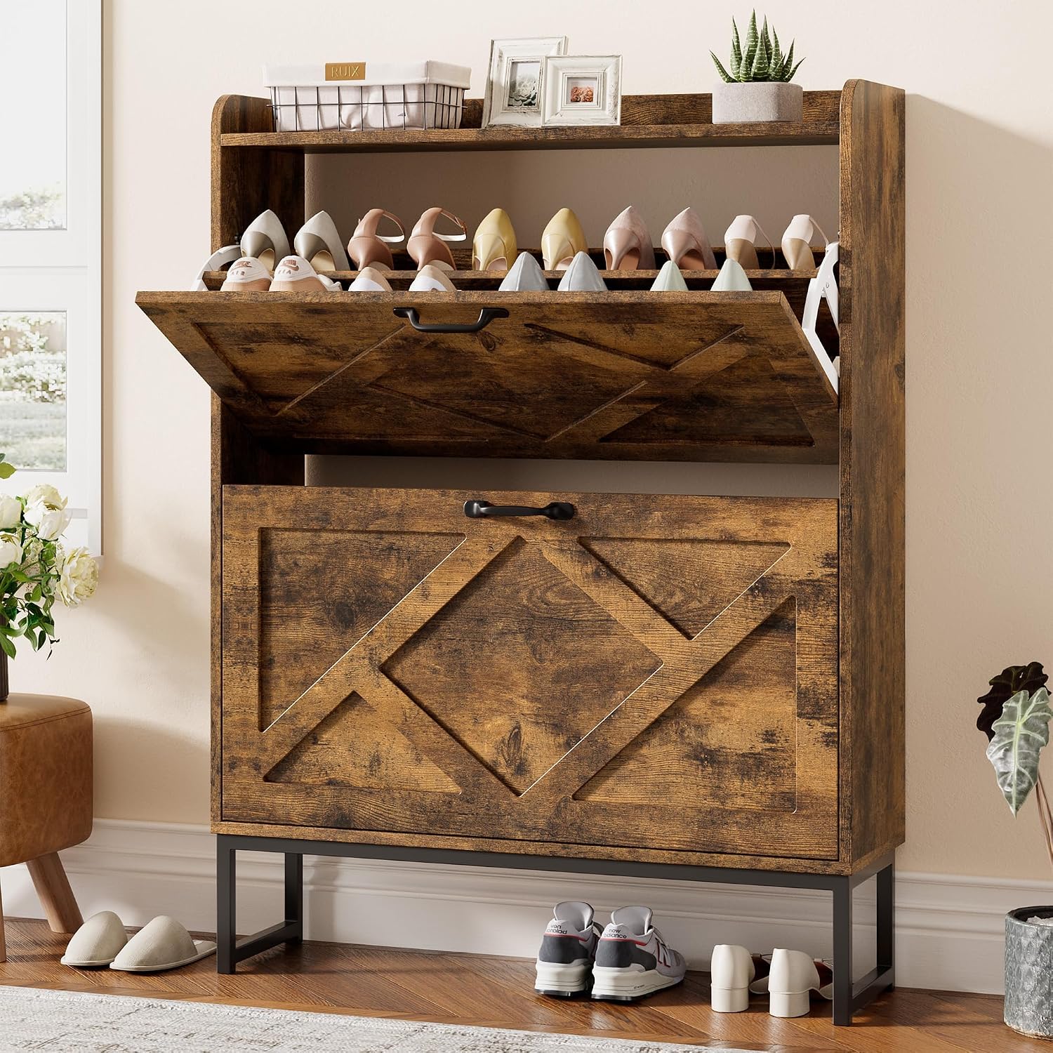 Shoe Cabinet with 2 Flip Drawers, Entryway Organizer, Chestnut, Slim Wood Shoe Rack with Metal Legs, Farmhouse Shoe Cabinet Storage for Entryway