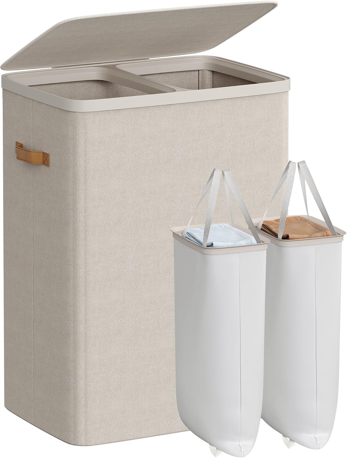 SONGMICS Laundry Basket, 44.9 Gal. Laundry Hamper, 2 Compartments, Easy Assembly, with Lid and Handles, Removable Liners, 22 x 15.7 x 29.5 Inches