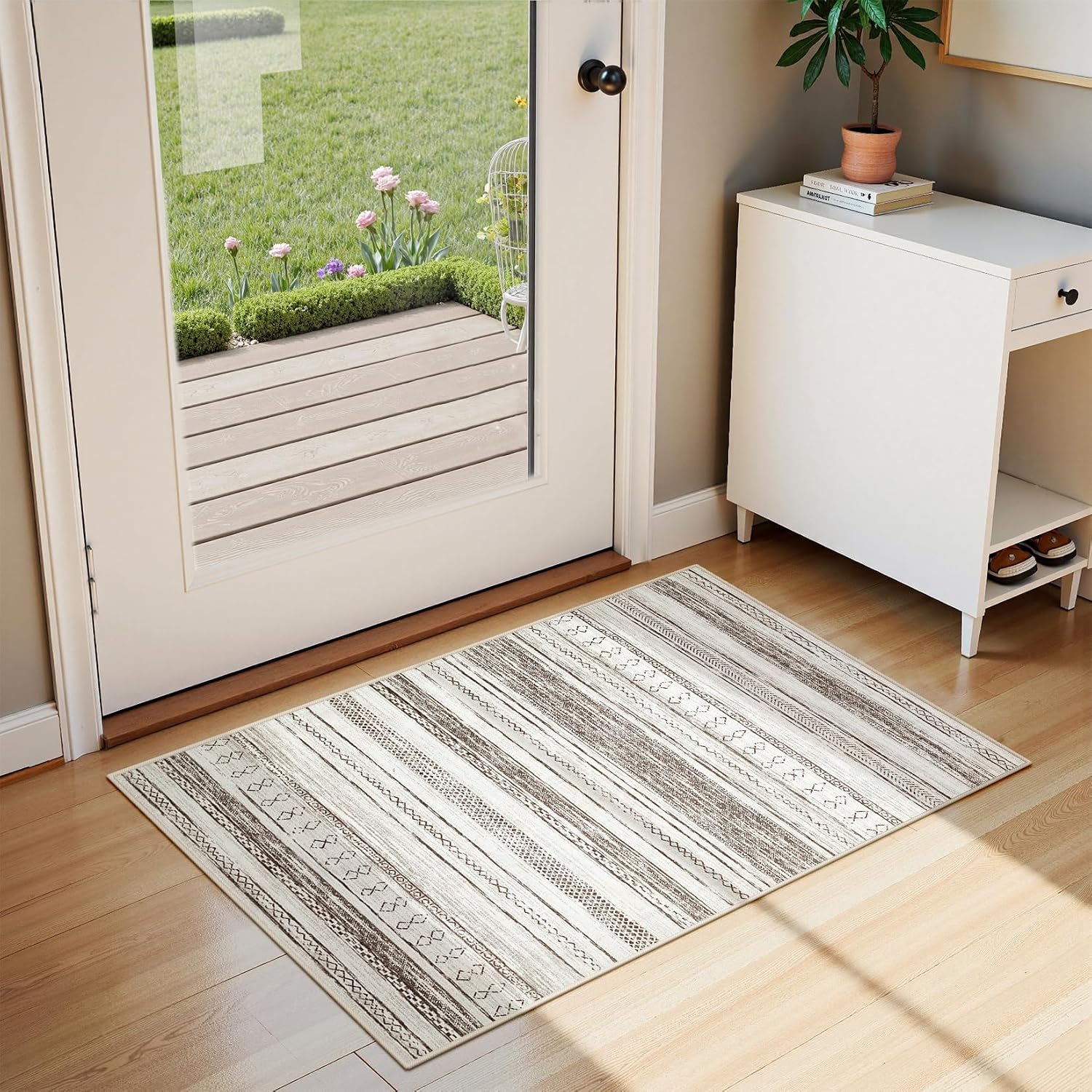 Tortania Area Rug Living Room Rugs - 10x12 Washable Large Soft Neutral Boho Moroccan Bohemian Farmhouse Rug Indoor Floor Carpet for Bedroom Under